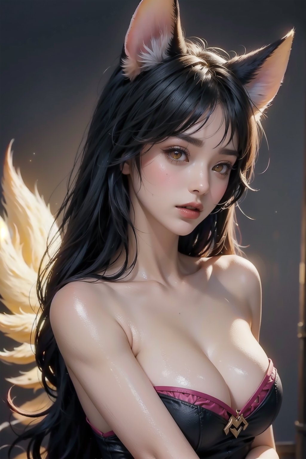 ah1,Ahri,fennec fox,fox tail,5_figners,black_hair,yellow eyes ,lure,league_of_legends_ahri,large breasts, ah1,black_fox_ears,one-shoulder one-piece swimsuit