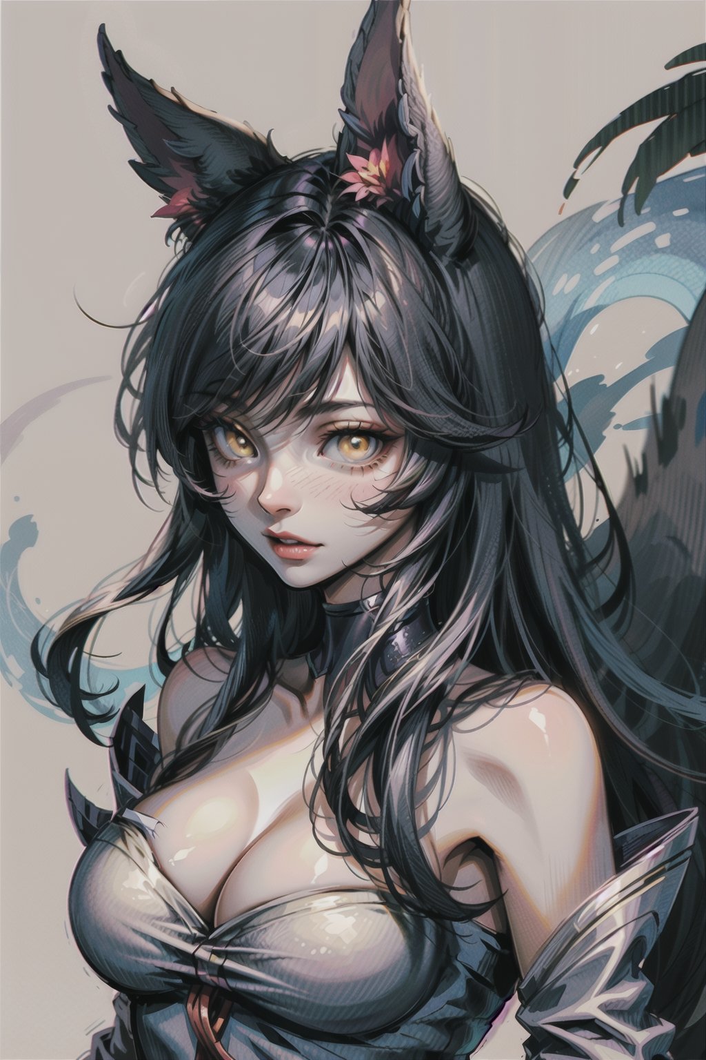 ah1,Ahri,fennec fox,fox tail,5_figners,black_hair,yellow eyes ,lure,league_of_legends_ahri,large breasts, ah1,black_fox_ears,perfect