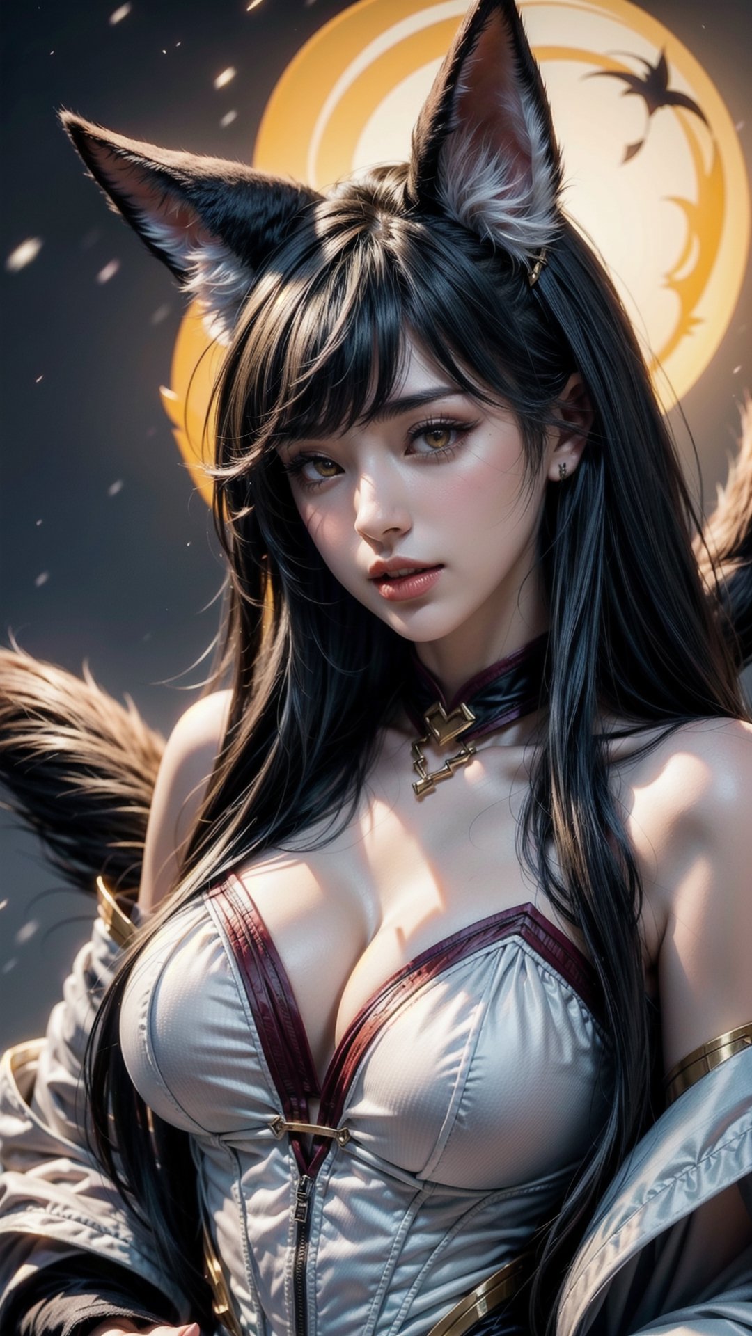 ah1,Ahri,fennec fox,fox tail,5_figners,black_hair,yellow eyes ,lure,league_of_legends_ahri,large breasts, ah1,black_fox_ears,falling_snow,perfect