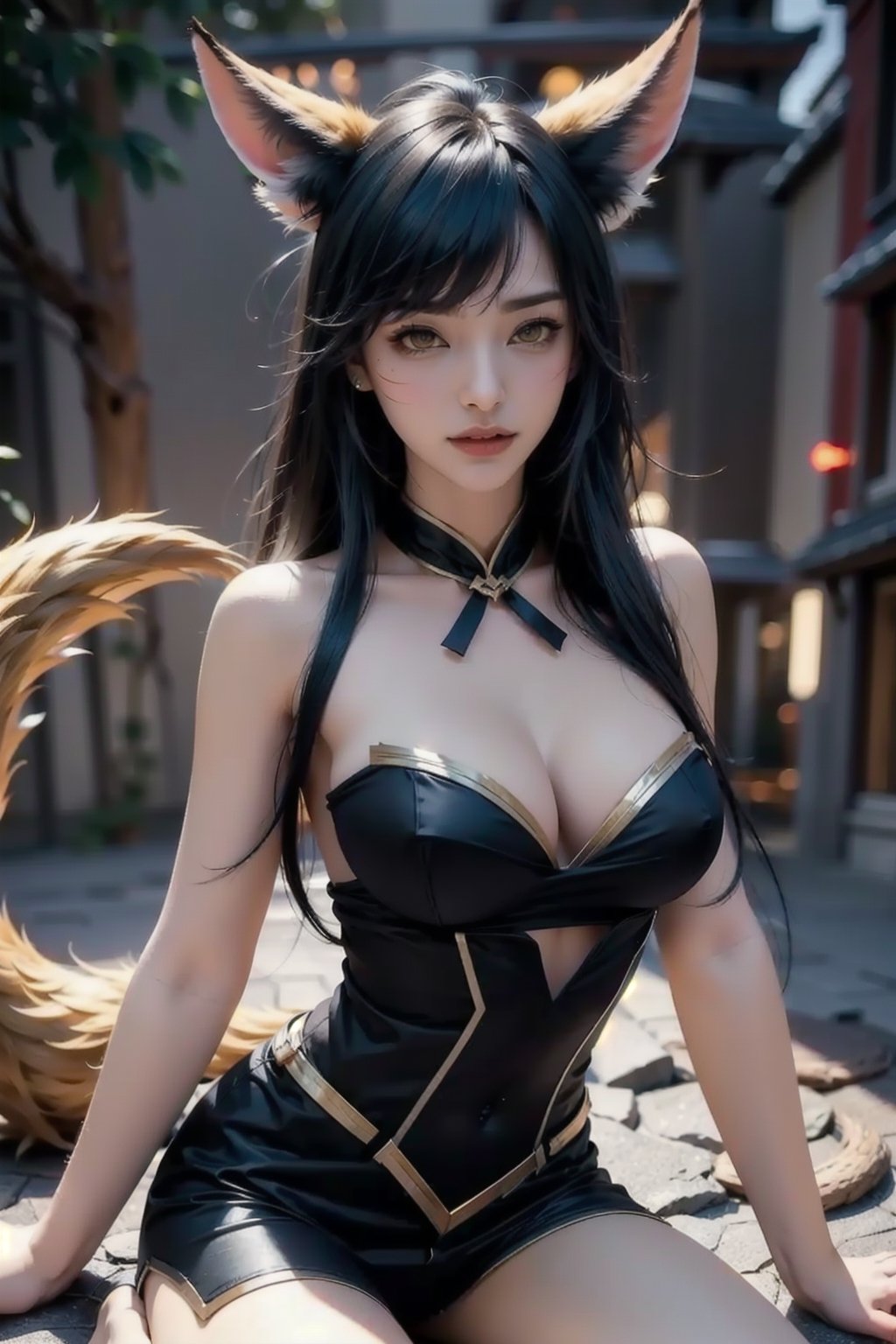 ah1,Ahri,fennec fox,fox tail,5_figners,black_hair,yellow eyes ,lure,league_of_legends_ahri,large breasts, ah1,black_fox_ears,handpull