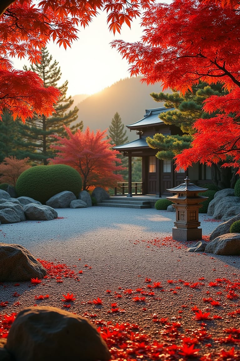 a serene Japanese zen garden in autumn,  framed with a wide shot capturing the meticulously raked gravel and carefully pla...