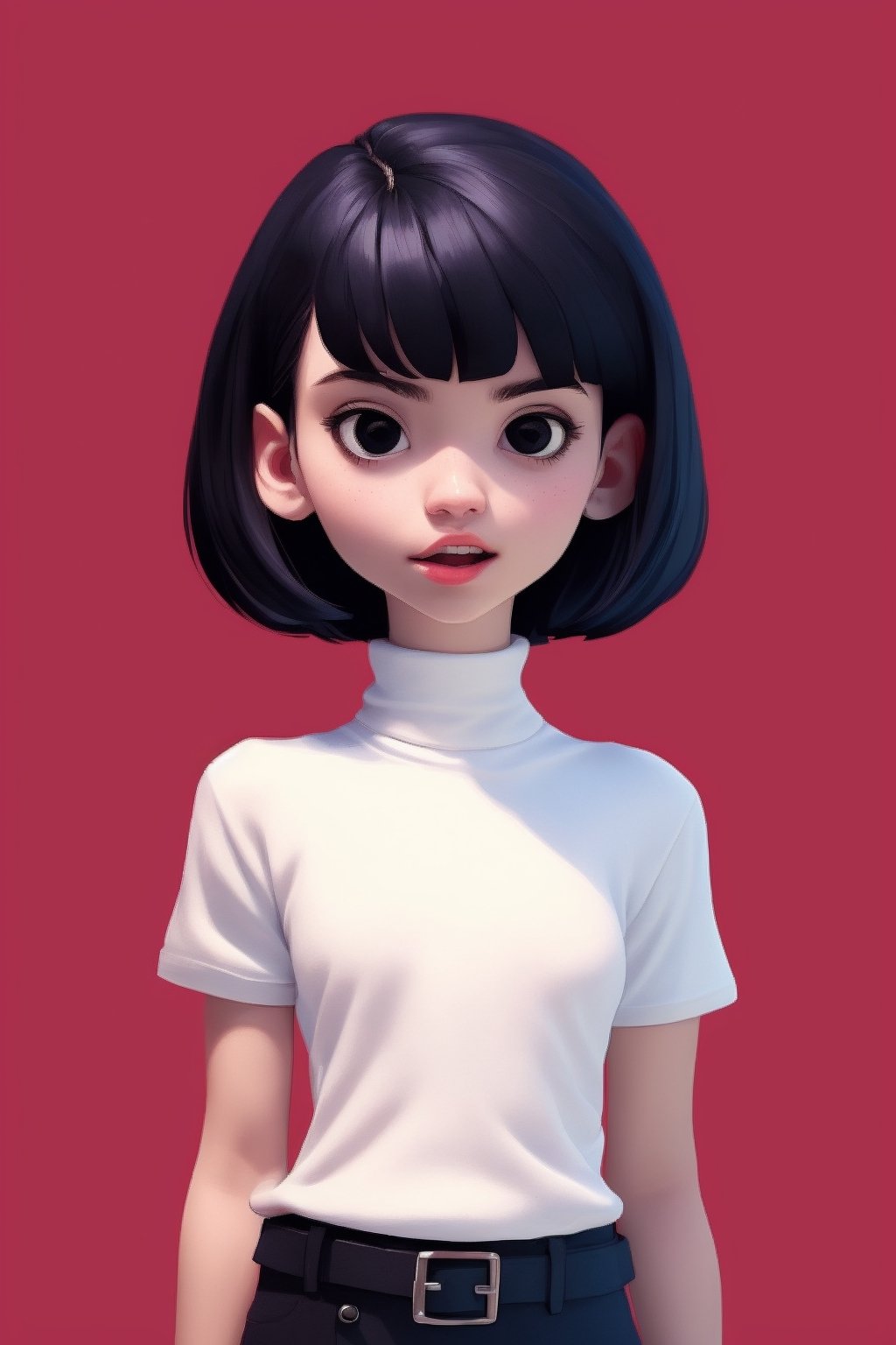 illustraion, aesthetically pleasing, 1girl, solo, slim, black hair, bobcut, bangs, black eyes, closed mouth, black shirt, short sleeves, turtleneck, upper body, standing up, realistic background