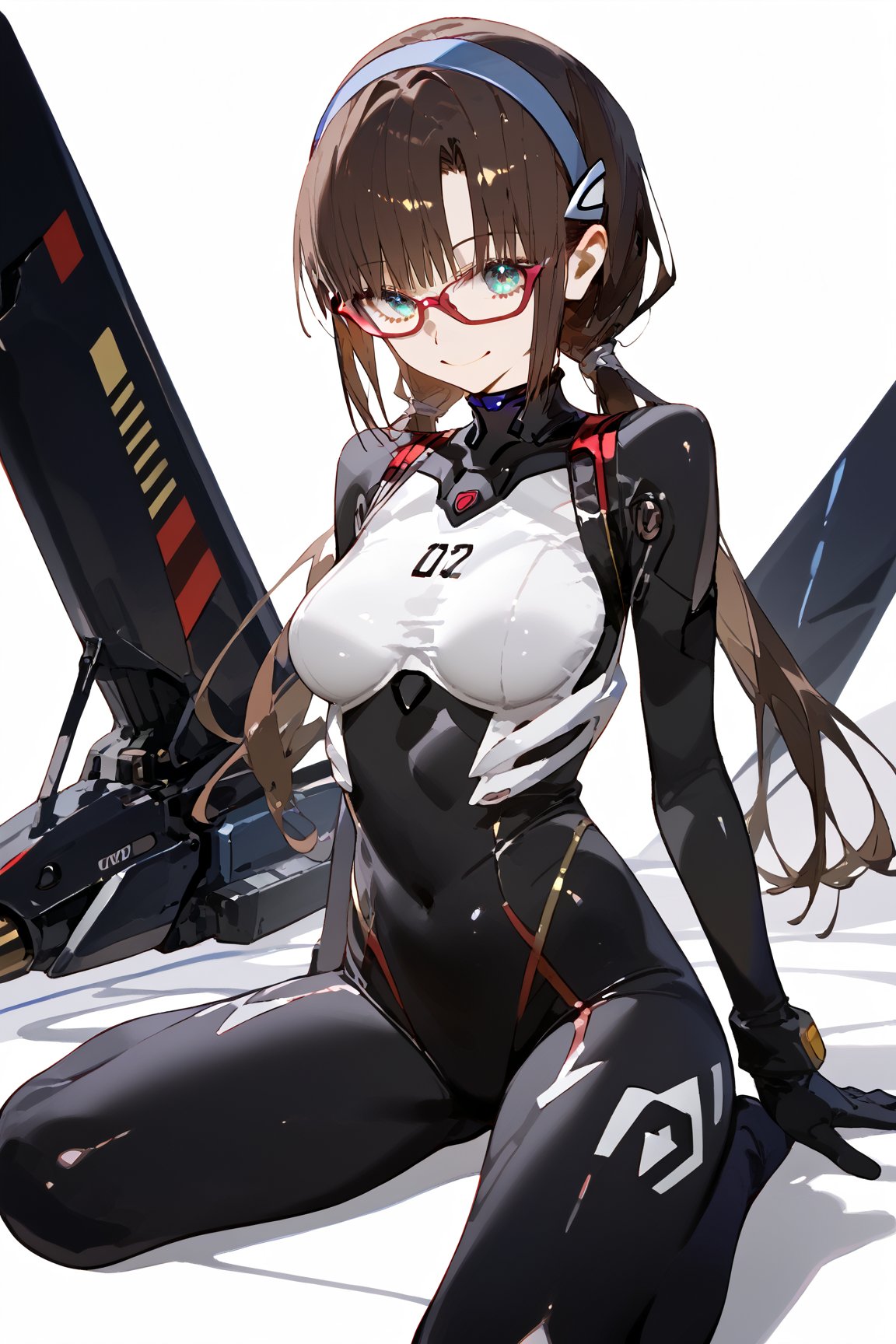 SCORE_9, SCORE_8_UP, SCORE_7_UP, SCORE_6_UP,

MASTERPIECE, BEST QUALITY, HIGH QUALITY, 
HIGHRES, ABSURDRES, PERFECT COMPOSITION,
INTRICATE DETAILS, ULTRA-DETAILED,
PERFECT FACE, PERFECT EYES,
NEWEST, AESTHETIC,

bodysuit, 1girl, glasses, plugsuit, long_hair, makinami_mari_illustrious, solo, sitting, hairband, looking_at_viewer, breasts, smile, bangs, twintails, white_bodysuit, low_twintails, gloves, aqua_eyes, pilot_suit, interface_headset, brown_hair, wariza, blue_eyes, red-framed_eyewear, blue_hairband, number, medium_breasts, large_breasts, shiny_hair, seiza, arm_support, full_body, shiny, skin_tight, mari makinami, ((black_bodysuit)), alternate_costume, (simple_background),