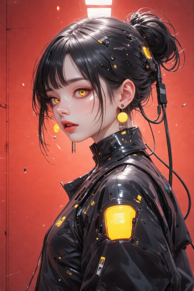 MASTERPIECE, BEST QUALITY, HIGH QUALITY, 
HIGHRES, ABSURDRES, INTRICATE DETAILS, ULTRA-DETAILED, AESTHETIC,

cyberpunk Style, 1girl, bangs, bodysuit, cable, cyberpunk, earrings, from side, hair behind ear, hair bun, hair ornament, hand on own shoulder, jewelry, lip piercing, looking at viewer, makeup, nose piercing, parted lips, piercing, red background, science fiction, simple background, single hair bun, solo, upper body, yellow eyes,