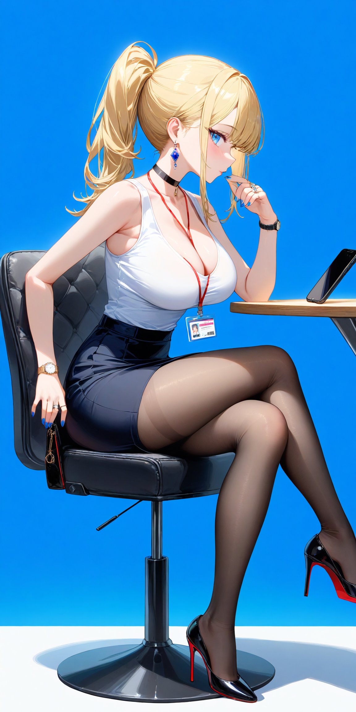 SCORE_9, SCORE_8_UP, SCORE_7_UP, SCORE_6_UP,

MASTERPIECE, BEST QUALITY, HIGH QUALITY, 
HIGHRES, ABSURDRES, PERFECT COMPOSITION,
INTRICATE DETAILS, ULTRA-DETAILED,
PERFECT FACE, PERFECT EYES,
NEWEST, 

high_heels, 1girl, breasts, rating:safe, blonde_hair, sitting, pantyhose, skirt, earrings, phone, nail_polish, large_breasts, pencil_skirt, blue_eyes, blush, cellphone, shirt, jewelry, black_footwear, long_hair, solo, crossed_legs, sleeveless_t-shirt, bangs, bare_shoulders, office_chair, black_legwear, ponytail, chair, cleavage, blue_nails, black_skirt, sleeveless, miniskirt, holding, white_t-shirt, sidelocks, (((blue_background))), side_ponytail, shoe_dangle, id_card, pink_nails, smartphone, red_nails, watch, choker, fingernails, holding_phone, legs, feet, simple_background, profile, lanyard, from_side, looking_at_viewer, stool, shoes, handbag, full_body, eyebrows_visible_through_hair, wristwatch, ring, between_breasts, thighs, shirt_tucked_in, viewed_from_side, side_view,