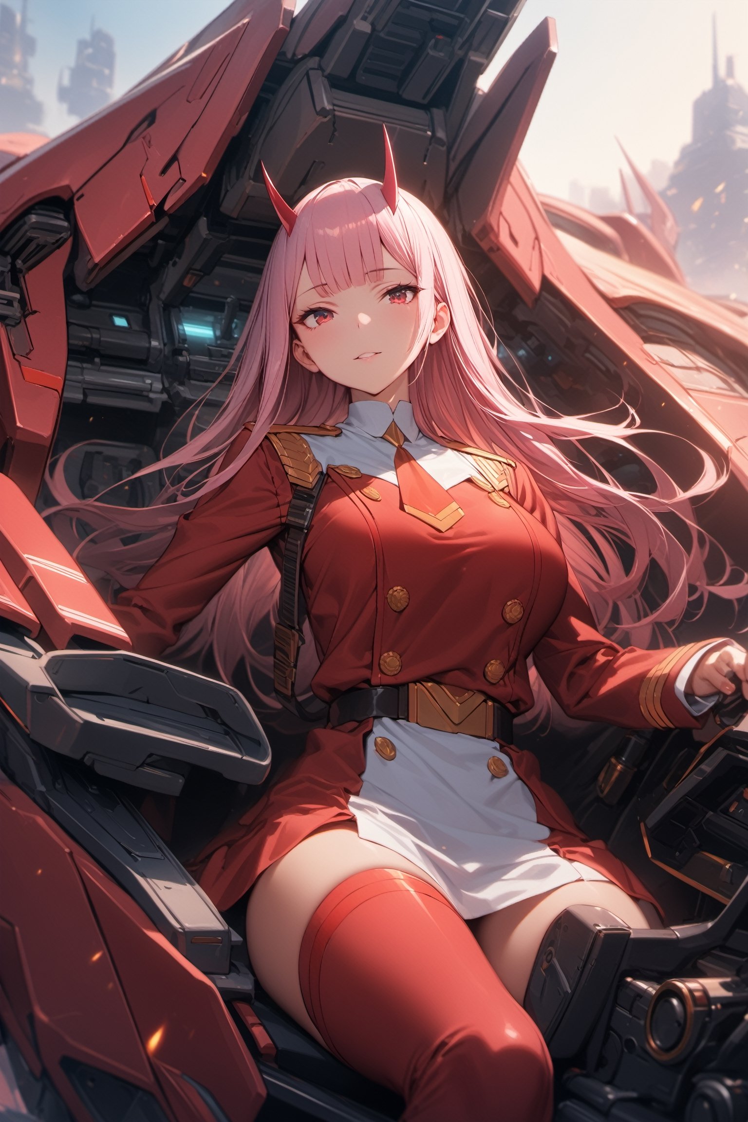 BEST QUALITY, HIGHRES, ABSURDRES, 4K, 8K, 64K,
MASTERPIECE, SUPER DETAIL, INTRICATE_DETAILS, 
PERFECTEYES, 
SCORE_9, SCORE_8_UP, SCORE_7_UP, SCORE_6_UP,

1girl, solo, zero_two, military_uniform, mecha cockpit, looking at viewer, intricate details, large breasts, illustration, subsurface scattering, vibrant colours