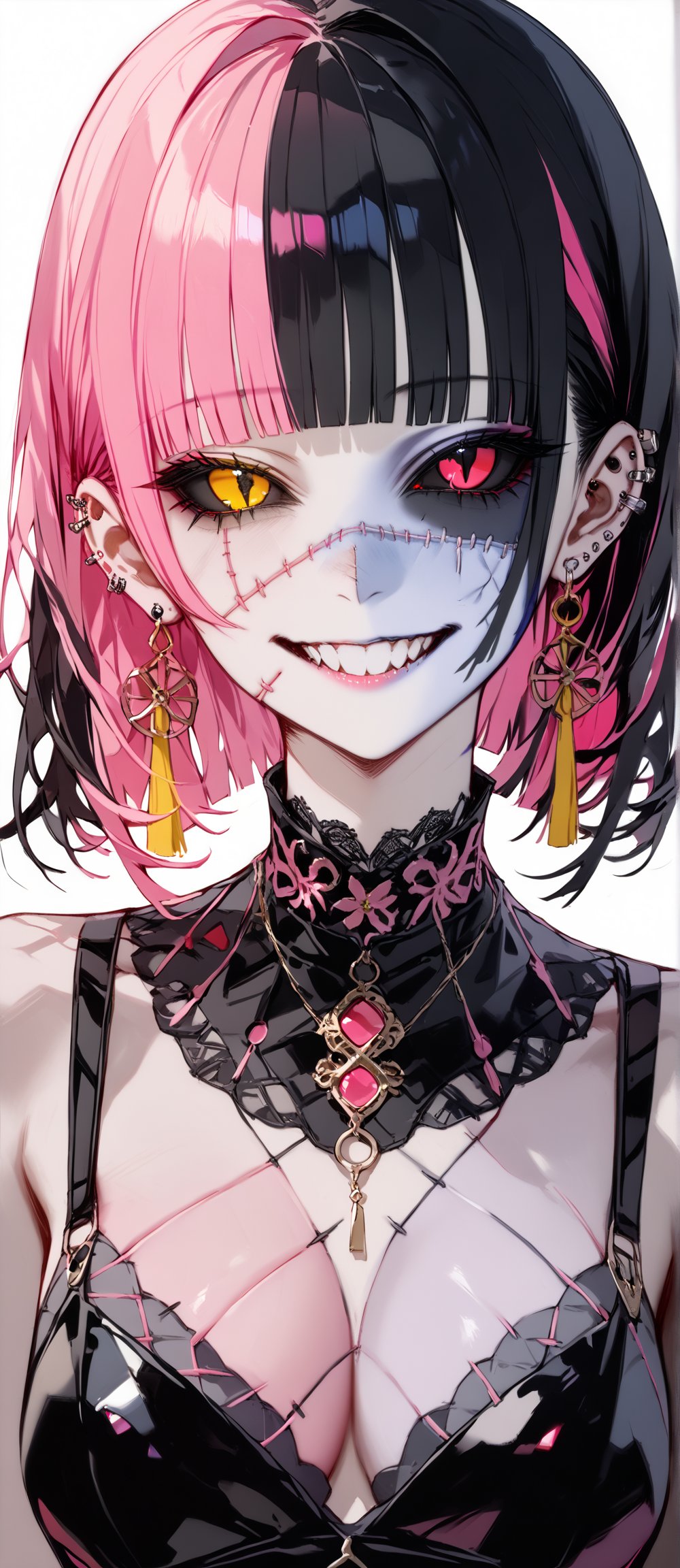 SCORE_9, SCORE_8_UP, SCORE_7_UP, SCORE_6_UP,

MASTERPIECE, BEST QUALITY, HIGH QUALITY, 
HIGHRES, ABSURDRES,
INTRICATE DETAILS, ULTRA-DETAILED,
NEWEST, AESTHETIC,

1girl, solo, looking at viewer, grin, bangs, black hair, jewelry, pink hair, multicolored hair, earrings, teeth, blunt bangs, pink eyes, head tilt, ((mulitcolored skin)), heterochromia, piercing, ear piercing, portrait, (((colored sclera, black sclera))), (((((stitchesd face))))), yellow_eyes, colorful, lip piercing, horrific,