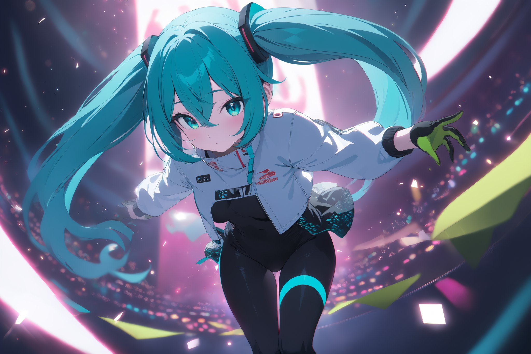 SCORE_9, SCORE_8_UP, SCORE_7_UP, SCORE_6_UP,

MASTERPIECE, BEST QUALITY, HIGH QUALITY, 
HIGHRES, ABSURDRES, PERFECT COMPOSITION,
INTRICATE DETAILS, ULTRA-DETAILED,
PERFECT FACE, PERFECT EYES,
NEWEST, 

Movie Poster page, (promotional poster), Hatsune Miku, 1female, solo, humanoid android, teal hair, teal eyes, white jacket, cropped jacket, long sleeves, two-tone gloves, black gloves, green gloves, black bodysuit, single thighhigh, single thigh boot, concert, Nippon Budokan, glowneon, glowing, sparks, lightning, shadow minimalism, (best quality), (masterpiece), detailed, beautiful detailed eyes, perfect anatomy, perfect body, perfect face, perfect hair, perfect legs, perfect hands, perfect arms, perfect fingers, detailed hair, detailed face, detailed eyes, detailed clothes, detailed skin, ultra-detailed, (full body), (upper body), (top quality), pop art, extremely detailed, extremely detailed CG, (high resolution), highly detailed, (high quality), (perfect quality), (glitchcore colors), racingmiku2022,