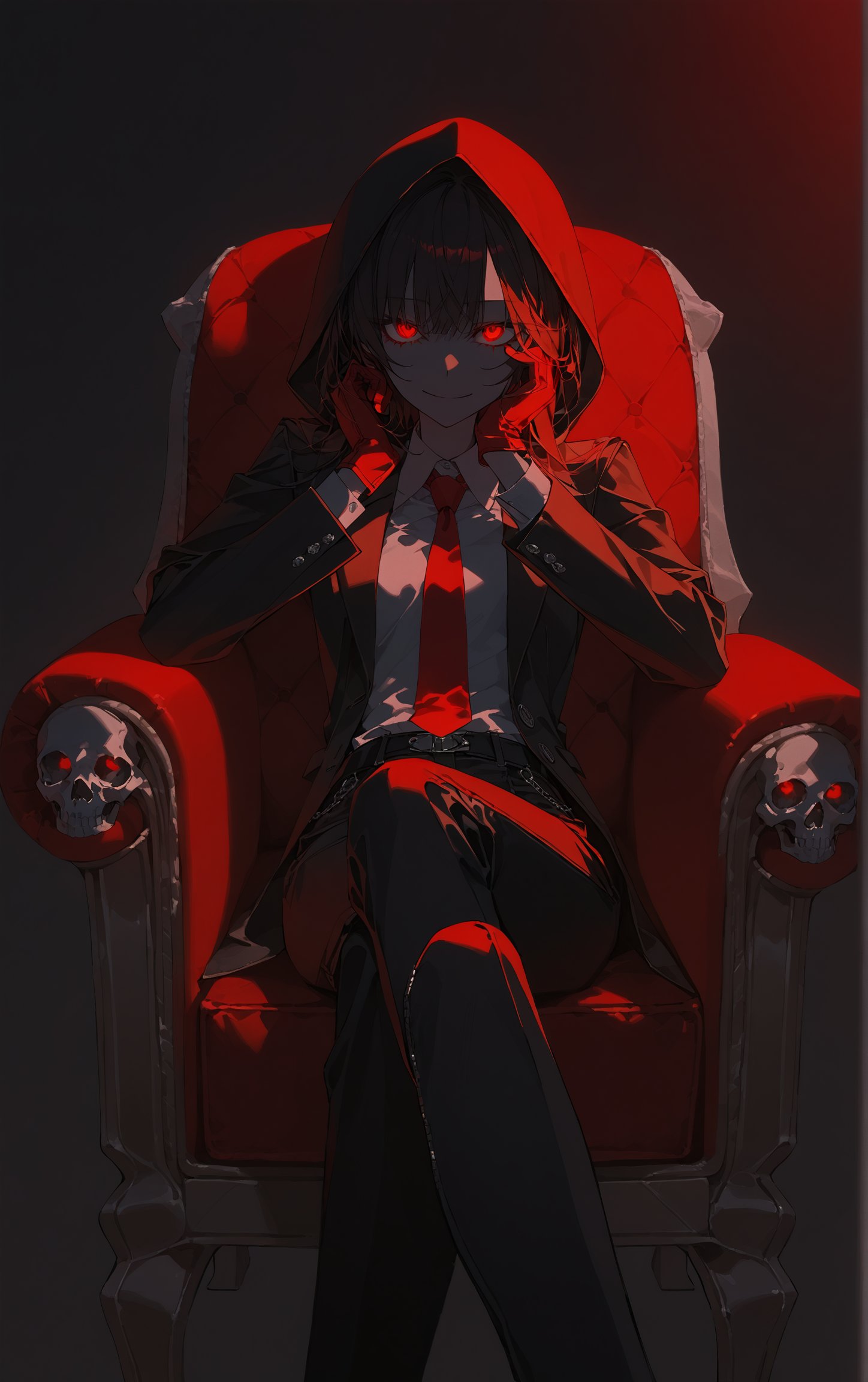 SCORE_9, SCORE_8_UP, SCORE_7_UP, SCORE_6_UP, 
MASTERPIECE, BEST QUALITY, HIGH QUALITY, 
HIGHRES, ABSURDRES,
INTRICATE DETAILS, ULTRA-DETAILED,
AESTHETIC,

1girl, necktie, pants, gloves, female_focus, red_gloves, sitting, red_neckwear, hood, suit, formal, smile, jacket, solo, red_eyes, looking_at_viewer, long_sleeves, shirt, crossed_legs, open_clothes, closed_mouth, closed_eyes, holding, armchair, multiple_skull, skulls, chair, dark, glowing_eyes, glowing_skulls, jacket, 
leather, luminescence, luminescent, hand on own cheek