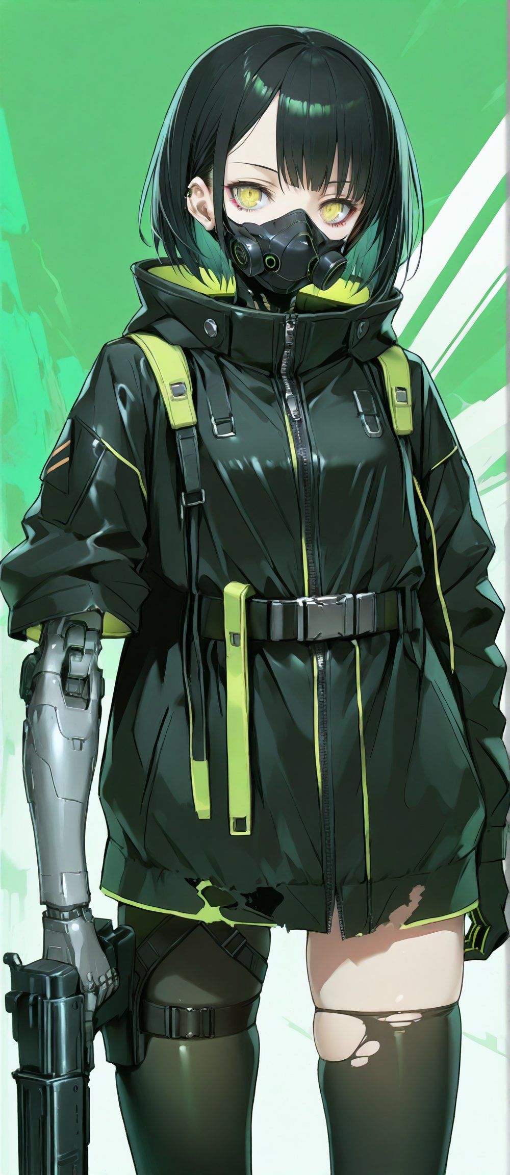 SCORE_9, SCORE_8_UP, SCORE_7_UP, SCORE_6_UP, 
MASTERPIECE, BEST QUALITY, HIGH QUALITY, 
HIGHRES, ABSURDRES,
INTRICATE DETAILS, ULTRA-DETAILED,
AESTHETIC,

weapon, neon-green_background, 1girl, gas_mask, solo, mouth_mask, mask, gun, cyberpunk, yellow_eyes, short_hair, green_background, black_hair, cyborg, looking_at_viewer, holding_weapon, jacket, black_legwear, holding, rifle, thighhighs, simple_background, neon-green_theme, torn_clothes, cowboy_shot, standing, prosthesis, belt, trigger_discipline, mechanical_arms, black_jacket, coat, mechanical_arm, zipper, holding_gun, submachine_gun, gloves, holster, yellow_theme, bangs,