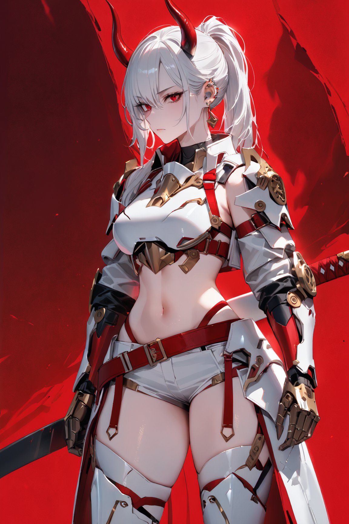 SCORE_9, SCORE_8_UP, SCORE_7_UP, SCORE_6_UP,

MASTERPIECE, BEST QUALITY, HIGH QUALITY, 
HIGHRES, ABSURDRES, PERFECT COMPOSITION,
INTRICATE DETAILS, ULTRA-DETAILED,
PERFECT FACE, PERFECT EYES,
NEWEST, 

full_body, red_background, sword, horns, weapon, 1girl, solo, sheath, ponytail, sheathed, red_eyes, katana, jewelry, earrings, white_hair, scabbard, holding_weapon, long_sleeves, simple_background, long_hair, holding_sword, standing, white_coat, ear_piercing, side_view, closed_mouth, holding, cowboy_shot, piercing, white_shorts, crop_jacket, pale_skin, belt, devil_horns, sleeves_past_wrists, mechanical_hand, large_boobs, armor, futuristic_armor, breast_plate, breast_armor