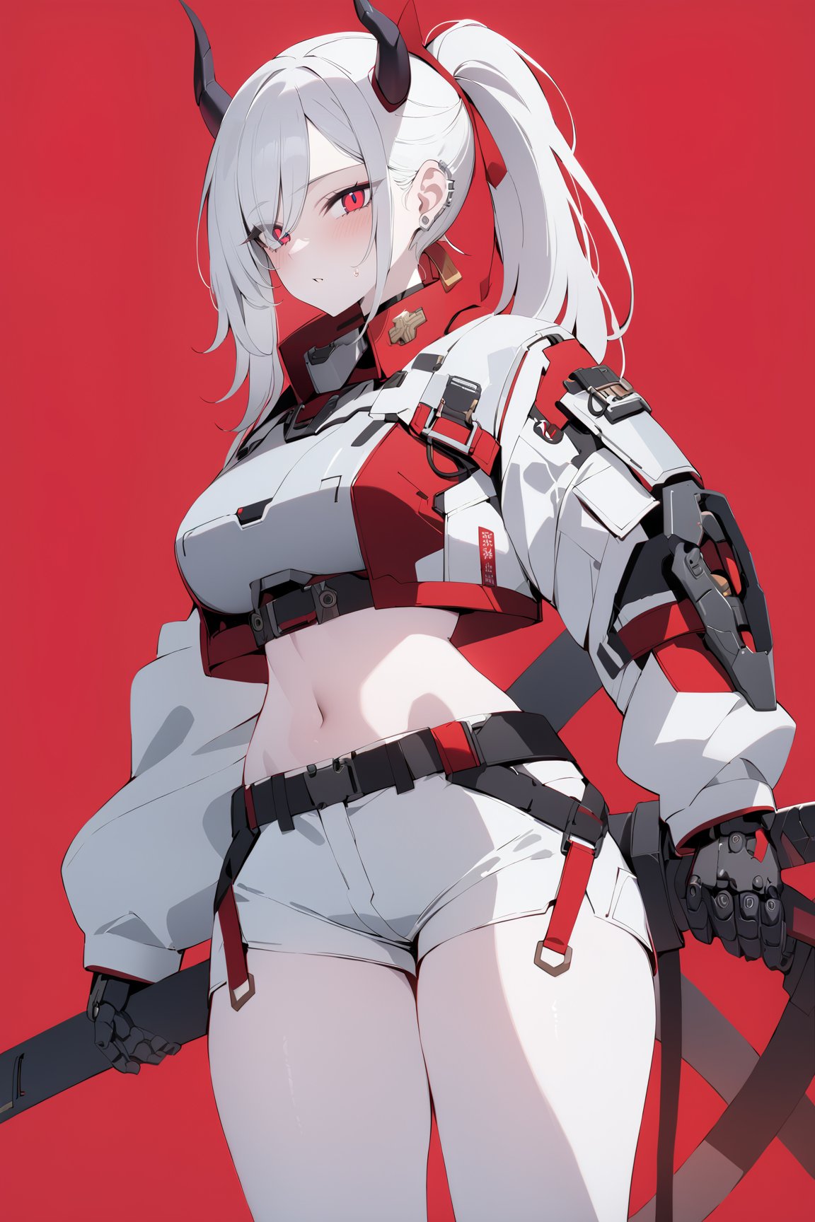 SCORE_9, SCORE_8_UP, SCORE_7_UP, SCORE_6_UP,

MASTERPIECE, BEST QUALITY, HIGH QUALITY, 
HIGHRES, ABSURDRES, PERFECT COMPOSITION,
INTRICATE DETAILS, ULTRA-DETAILED,
PERFECT FACE, PERFECT EYES,
NEWEST, 

full_body, red_background, sword, horns, weapon, 1girl, solo, sheath, ponytail, sheathed, red_eyes, katana, jewelry, earrings, white_hair, scabbard, holding_weapon, long_sleeves, simple_background, long_hair, holding_sword, standing, white_coat, ear_piercing, side_view, closed_mouth, holding, piercing, white_shorts, crop_jacket, pale_skin, belt, devil_horns, sleeves_past_wrists, mechanical_hand, large_boobs, armor, futuristic_armor, breast_plate, breast_armor, TechStreetwear, cyberpunk