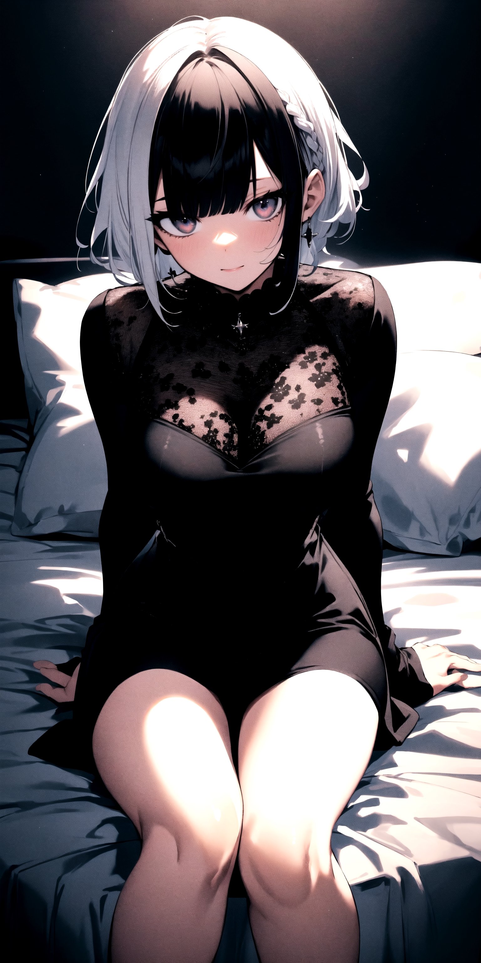 (BEST QUALITY:1.4), (HIGHRES:1.4), HIGH_RESOLUTION, MASTERPIECE, SIDELIGHTING, CINEMATIC LIGHTING, DETAILED LIGHTING, VOLUMETRIC LIGHTING, SUPER DETAIL, HYPER DETAIL, INTRICATE_DETAILS, LIGNE_CLAIRE, PERPECT FACE,

mature_female, laying_in_bed, top_view, tight_dress, black_clothes, two-tone-hair, black-hair, white-hair