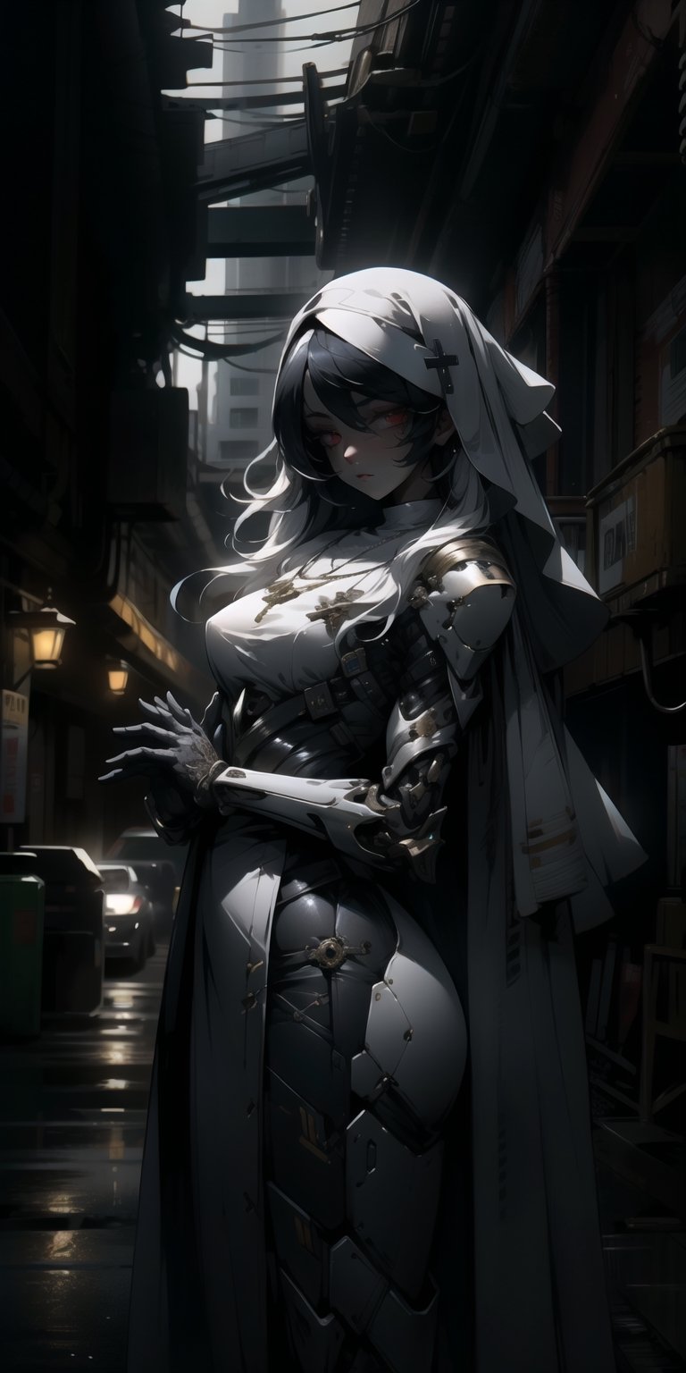 BEST QUALITY, HIGHRES, ABSURDRES, HIGH_RESOLUTION, MASTERPIECE, SUPER DETAIL, HYPER DETAIL, INTRICATE_DETAILS, PERFECTEYES, DARK EYELASHES, EYELINER, SOFT GLOWING EYES, 64K, SCORE_9,

1girl, solo, long hair, breasts, bangs, gloves, dress, closed mouth, white hair, cowboy shot, necklace, black dress, own hands together, cross, veil, facing viewer, nun, own hands clasped, covered eyes, android, cybersuit, exosuit, hardsuit, mechasuit, mecha