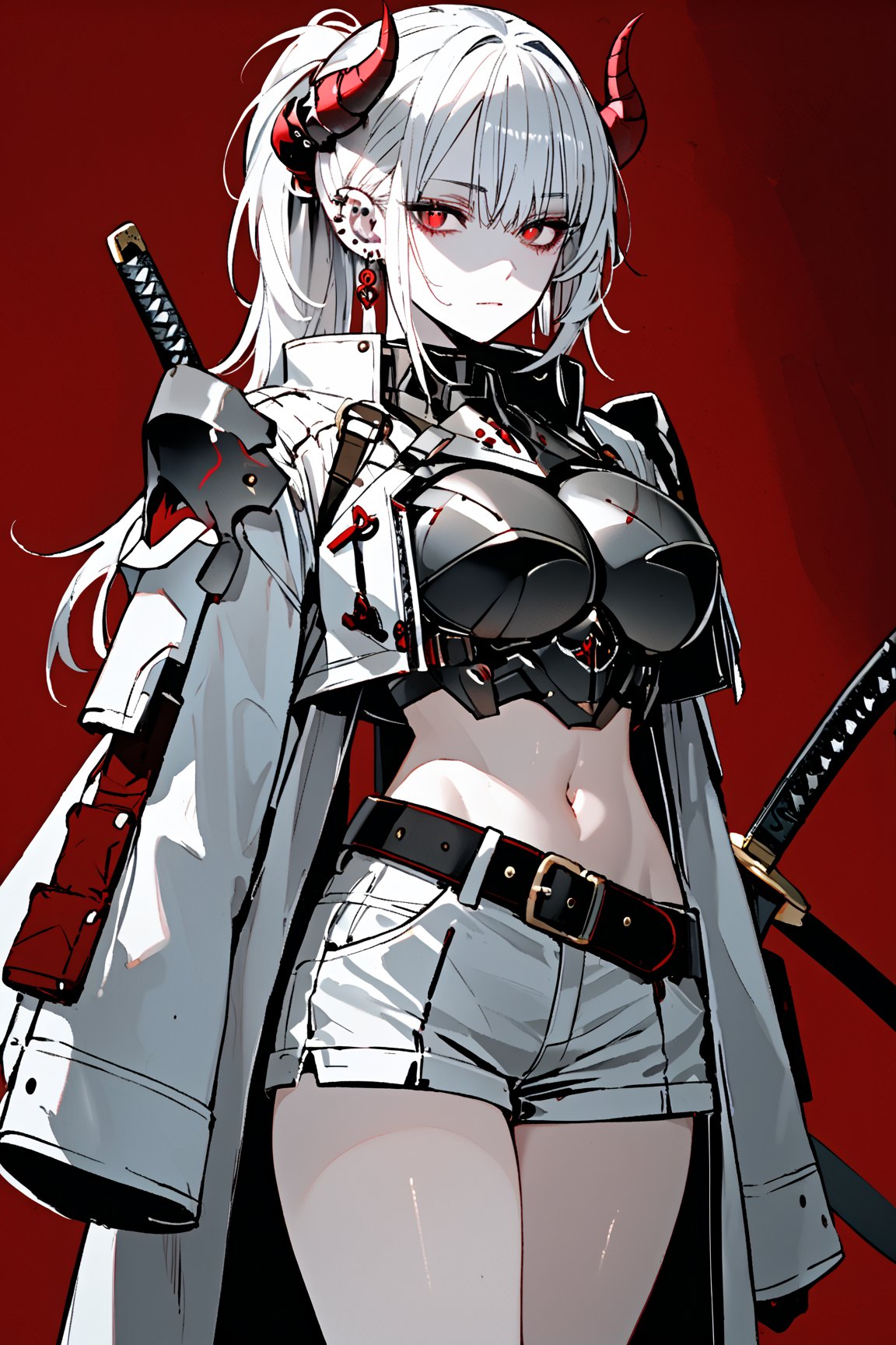 SCORE_9, SCORE_8_UP, SCORE_7_UP, SCORE_6_UP,

MASTERPIECE, BEST QUALITY, HIGH QUALITY, 
HIGHRES, ABSURDRES, PERFECT COMPOSITION,
INTRICATE DETAILS, ULTRA-DETAILED,
PERFECT FACE, PERFECT EYES,
NEWEST, 

full_body, red_background, sword, horns, weapon, 1girl, solo, sheath, ponytail, sheathed, red_eyes, katana, jewelry, earrings, white_hair, scabbard, holding_weapon, long_sleeves, simple_background, long_hair, holding_sword, standing, white_coat, ear_piercing, side_view, closed_mouth, holding, cowboy_shot, piercing, white_shorts, crop_jacket, pale_skin, belt, devil_horns, sleeves_past_wrists, mechanical_hand, large_boobs, armor, futuristic_armor, breast_plate, breast_armor