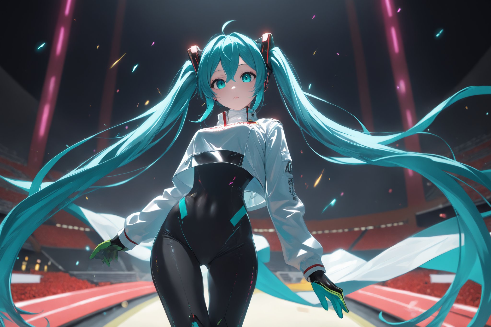 SCORE_9, SCORE_8_UP, SCORE_7_UP, SCORE_6_UP,

MASTERPIECE, BEST QUALITY, HIGH QUALITY, 
HIGHRES, ABSURDRES, PERFECT COMPOSITION,
INTRICATE DETAILS, ULTRA-DETAILED,
PERFECT FACE, PERFECT EYES,
NEWEST, 

Movie Poster page, (promotional poster), Hatsune Miku, 1female, solo, humanoid android, teal hair, teal eyes, white jacket, cropped jacket, long sleeves, two-tone gloves, black gloves, green gloves, black bodysuit, single thighhigh, single thigh boot, concert, Nippon Budokan, glowneon, glowing, sparks, lightning, shadow minimalism, (best quality), (masterpiece), detailed, beautiful detailed eyes, perfect anatomy, perfect body, perfect face, perfect hair, perfect legs, perfect hands, perfect arms, perfect fingers, detailed hair, detailed face, detailed eyes, detailed clothes, detailed skin, ultra-detailed, (full body), (upper body), (top quality), pop art, extremely detailed, extremely detailed CG, (high resolution), highly detailed, (high quality), (perfect quality), (glitchcore colors), racingmiku2022,