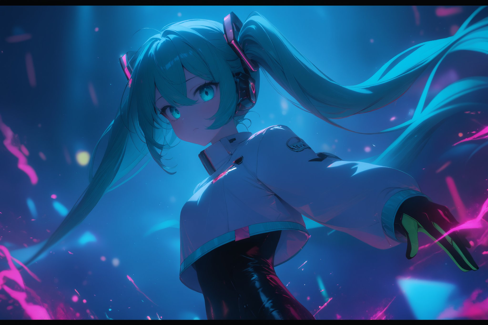 SCORE_9, SCORE_8_UP, SCORE_7_UP, SCORE_6_UP,

MASTERPIECE, BEST QUALITY, HIGH QUALITY, 
HIGHRES, ABSURDRES, PERFECT COMPOSITION,
INTRICATE DETAILS, ULTRA-DETAILED,
PERFECT FACE, PERFECT EYES,
NEWEST, 

Movie Poster page, (promotional poster), Hatsune Miku, 1female, solo, humanoid android, teal hair, teal eyes, white jacket, cropped jacket, long sleeves, two-tone gloves, black gloves, green gloves, black bodysuit, single thighhigh, single thigh boot, concert, Nippon Budokan, glowneon, glowing, sparks, lightning, shadow minimalism, (best quality), (masterpiece), detailed, beautiful detailed eyes, perfect anatomy, perfect body, perfect face, perfect hair, perfect legs, perfect hands, perfect arms, perfect fingers, detailed hair, detailed face, detailed eyes, detailed clothes, detailed skin, ultra-detailed, (full body), (upper body), (top quality), pop art, extremely detailed, extremely detailed CG, (high resolution), highly detailed, (high quality), (perfect quality), (glitchcore colors), racingmiku2022,