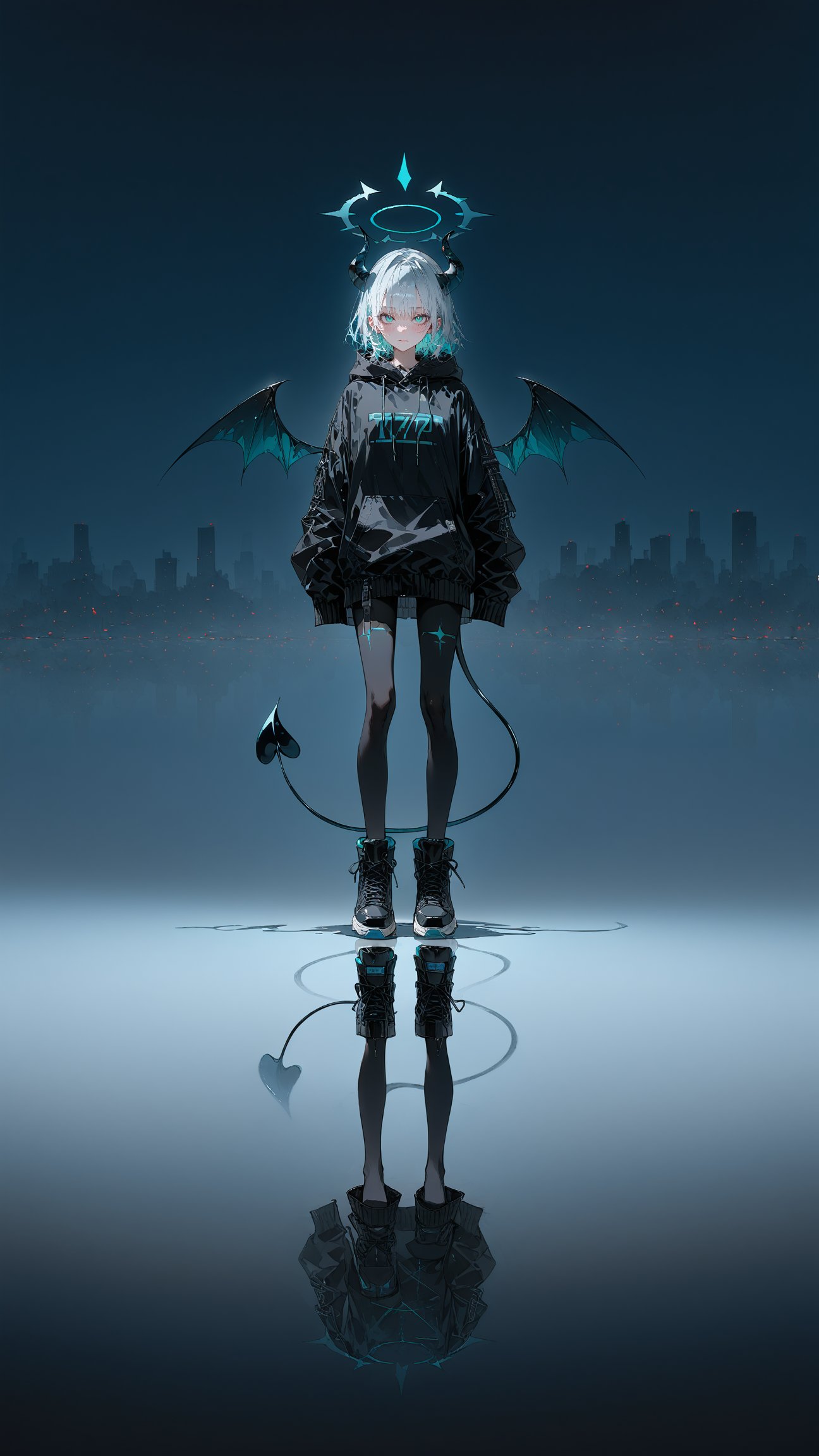 SCORE_9, SCORE_8_UP, SCORE_7_UP, SCORE_6_UP, 
MASTERPIECE, BEST QUALITY, HIGH QUALITY, 
HIGHRES, ABSURDRES,
INTRICATE DETAILS, ULTRA-DETAILED,
AESTHETIC,

1girl, tail, wings, halo, demon_tail, solo, standing, blue_background, jacket, black_legwear, demon_girl, bangs, drawstring, full_body, hood, boots, looking_at_viewer, thighhighs, horns, shoes, hood_down, sleeves_past_fingers, long_sleeves, black_footwear, black_jacket, blue_eyes, eyebrows_visible_through_hair, closed_mouth, blush, white_hair, pantyhose, skirt, demon_wings, demon_horns, aqua_eyes, gradient, hoodie, green_eyes, (water_color:0.5), wide_shot,
simple_background, cyan_background, shadow, (black_clothing:1.4), (flat_color:0.5)