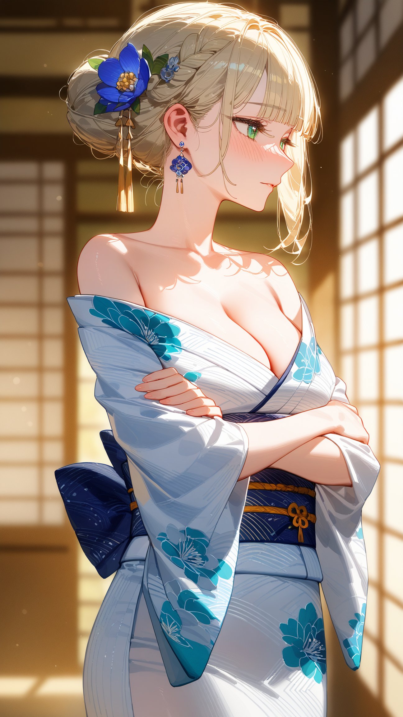 SCORE_9, SCORE_8_UP, SCORE_7_UP, SCORE_6_UP,

MASTERPIECE, BEST QUALITY, HIGH QUALITY, 
HIGHRES, ABSURDRES, PERFECT COMPOSITION,
INTRICATE DETAILS, ULTRA-DETAILED,
PERFECT FACE, PERFECT EYES,
NEWEST, 

1girl, kimono, breasts, solo, japanese_clothes, hair_ornament, blurry_background, bare_shoulders, blurry, bangs, jewelry, hair_bun, cleavage, blue_eyes, blush, outdoors, crossed_arms, floral_print, eyebrows_visible_through_hair, off_shoulder, flower, blonde_hair, earrings, parted_lips, blunt_bangs, indoors, half-closed_eyes, hair_flower, large_breasts, obi, profile, collarbone, short_hair, sidelocks, depth_of_field, medium_breasts, closed_mouth, braid, standing, hair_up, white_kimono, wide_sleeves, green_eyes, from_side, backlighting, sash, looking_away, alternate_costume, silver_hair