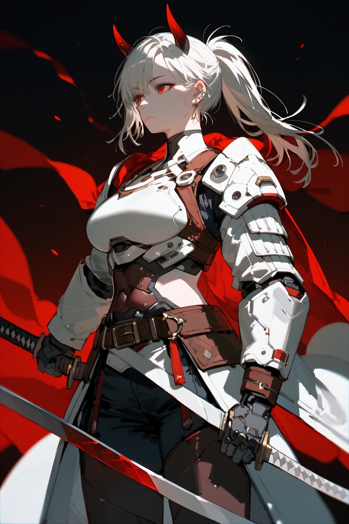 SCORE_9, SCORE_8_UP, SCORE_7_UP, SCORE_6_UP,

MASTERPIECE, BEST QUALITY, HIGH QUALITY, 
HIGHRES, ABSURDRES, PERFECT COMPOSITION,
INTRICATE DETAILS, ULTRA-DETAILED,
PERFECT FACE, PERFECT EYES,
NEWEST, 

full_body, red_background, sword, horns, weapon, 1girl, solo, sheath, ponytail, sheathed, red_eyes, katana, jewelry, earrings, white_hair, scabbard, holding_weapon, long_sleeves, simple_background, long_hair, holding_sword, standing, white_coat, ear_piercing, side_view, closed_mouth, holding, cowboy_shot, piercing, white_shorts, crop_jacket, pale_skin, belt, devil_horns, sleeves_past_wrists, mechanical_hand, large_boobs, armor, futuristic_armor, breast_plate, breast_armor