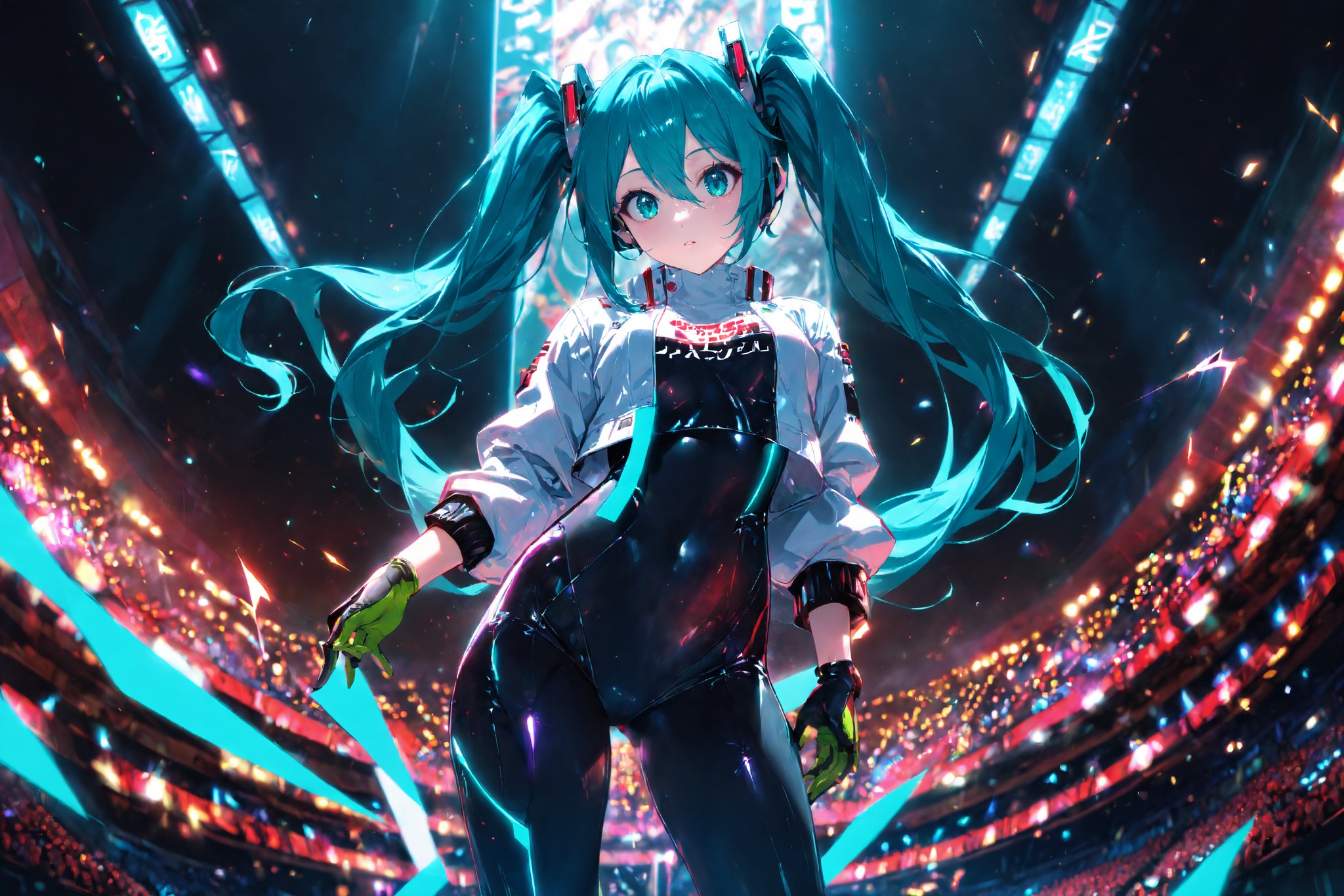 SCORE_9, SCORE_8_UP, SCORE_7_UP, SCORE_6_UP,

MASTERPIECE, BEST QUALITY, HIGH QUALITY, 
HIGHRES, ABSURDRES, PERFECT COMPOSITION,
INTRICATE DETAILS, ULTRA-DETAILED,
PERFECT FACE, PERFECT EYES,
NEWEST, 

Movie Poster page, (promotional poster), Hatsune Miku, 1female, solo, humanoid android, teal hair, teal eyes, white jacket, cropped jacket, long sleeves, two-tone gloves, black gloves, green gloves, black bodysuit, single thighhigh, single thigh boot, concert, Nippon Budokan, glowneon, glowing, sparks, lightning, shadow minimalism, (best quality), (masterpiece), detailed, beautiful detailed eyes, perfect anatomy, perfect body, perfect face, perfect hair, perfect legs, perfect hands, perfect arms, perfect fingers, detailed hair, detailed face, detailed eyes, detailed clothes, detailed skin, ultra-detailed, (full body), (upper body), (top quality), pop art, extremely detailed, extremely detailed CG, (high resolution), highly detailed, (high quality), (perfect quality), (glitchcore colors), racingmiku2022,