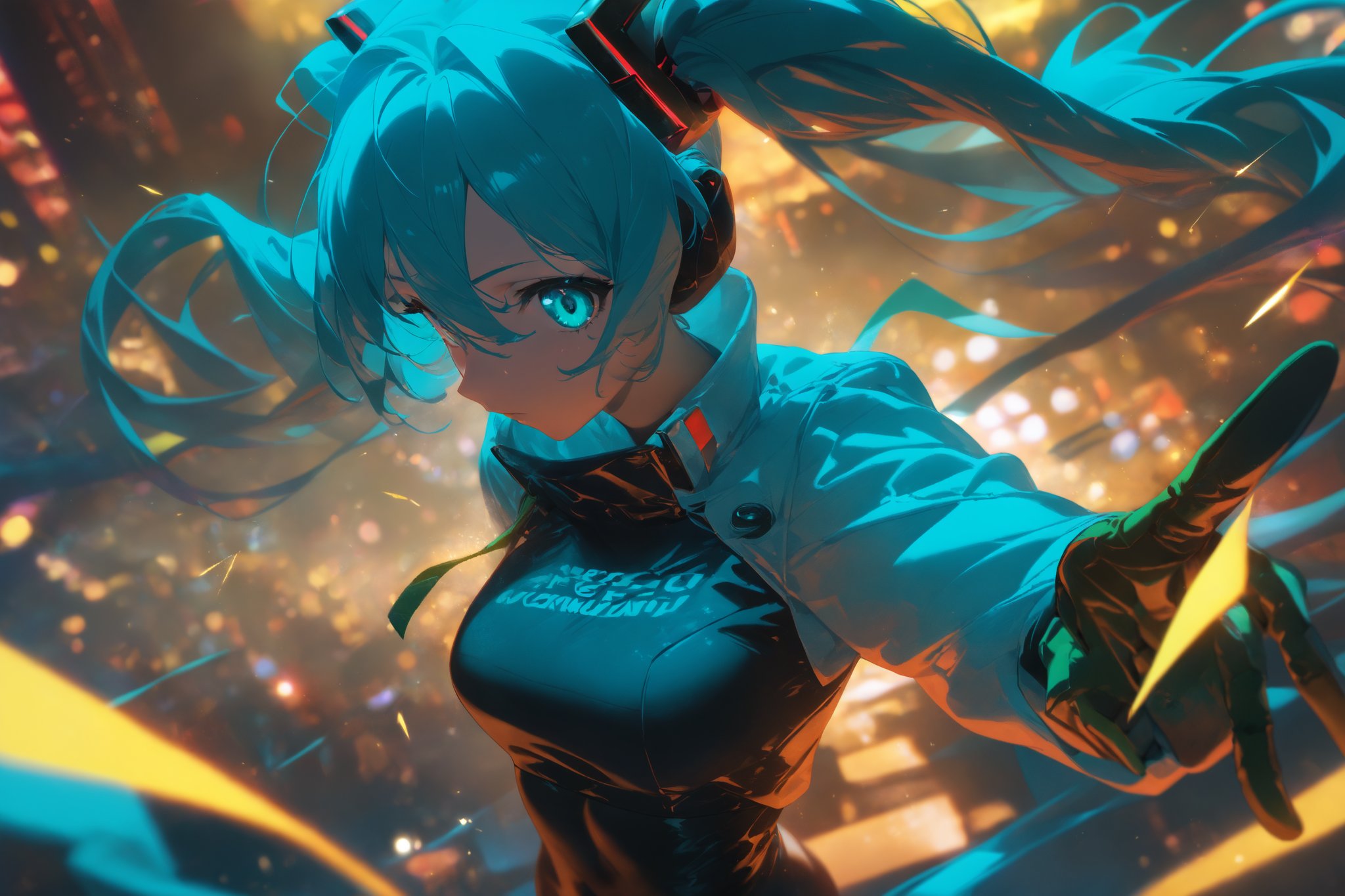 SCORE_9, SCORE_8_UP, SCORE_7_UP, SCORE_6_UP,

MASTERPIECE, BEST QUALITY, HIGH QUALITY, 
HIGHRES, ABSURDRES, PERFECT COMPOSITION,
INTRICATE DETAILS, ULTRA-DETAILED,
PERFECT FACE, PERFECT EYES,
NEWEST, 

Movie Poster page, (promotional poster), Hatsune Miku, 1female, solo, humanoid android, teal hair, teal eyes, white jacket, cropped jacket, long sleeves, two-tone gloves, black gloves, green gloves, black bodysuit, single thighhigh, single thigh boot, concert, Nippon Budokan, glowneon, glowing, sparks, lightning, shadow minimalism, (best quality), (masterpiece), detailed, beautiful detailed eyes, perfect anatomy, perfect body, perfect face, perfect hair, perfect legs, perfect hands, perfect arms, perfect fingers, detailed hair, detailed face, detailed eyes, detailed clothes, detailed skin, ultra-detailed, (full body), (upper body), (top quality), pop art, extremely detailed, extremely detailed CG, (high resolution), highly detailed, (high quality), (perfect quality), (glitchcore colors), racingmiku2022,