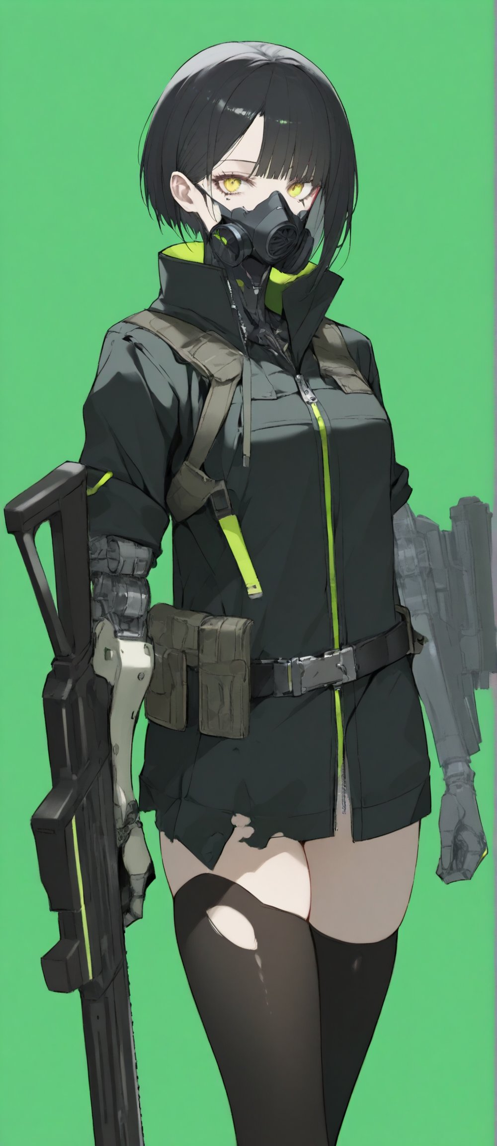 SCORE_9, SCORE_8_UP, SCORE_7_UP, SCORE_6_UP, 
MASTERPIECE, BEST QUALITY, HIGH QUALITY, 
HIGHRES, ABSURDRES,
INTRICATE DETAILS, ULTRA-DETAILED,
AESTHETIC,

weapon, neon-green_background, 1girl, gas_mask, solo, mouth_mask, mask, gun, cyberpunk, yellow_eyes, short_hair, green_background, black_hair, cyborg, looking_at_viewer, holding_weapon, jacket, black_legwear, holding, rifle, thighhighs, simple_background, neon-green_theme, torn_clothes, cowboy_shot, standing, prosthesis, belt, trigger_discipline, mechanical_arms, black_jacket, coat, mechanical_arm, zipper, holding_gun, submachine_gun, gloves, holster, yellow_theme, bangs,