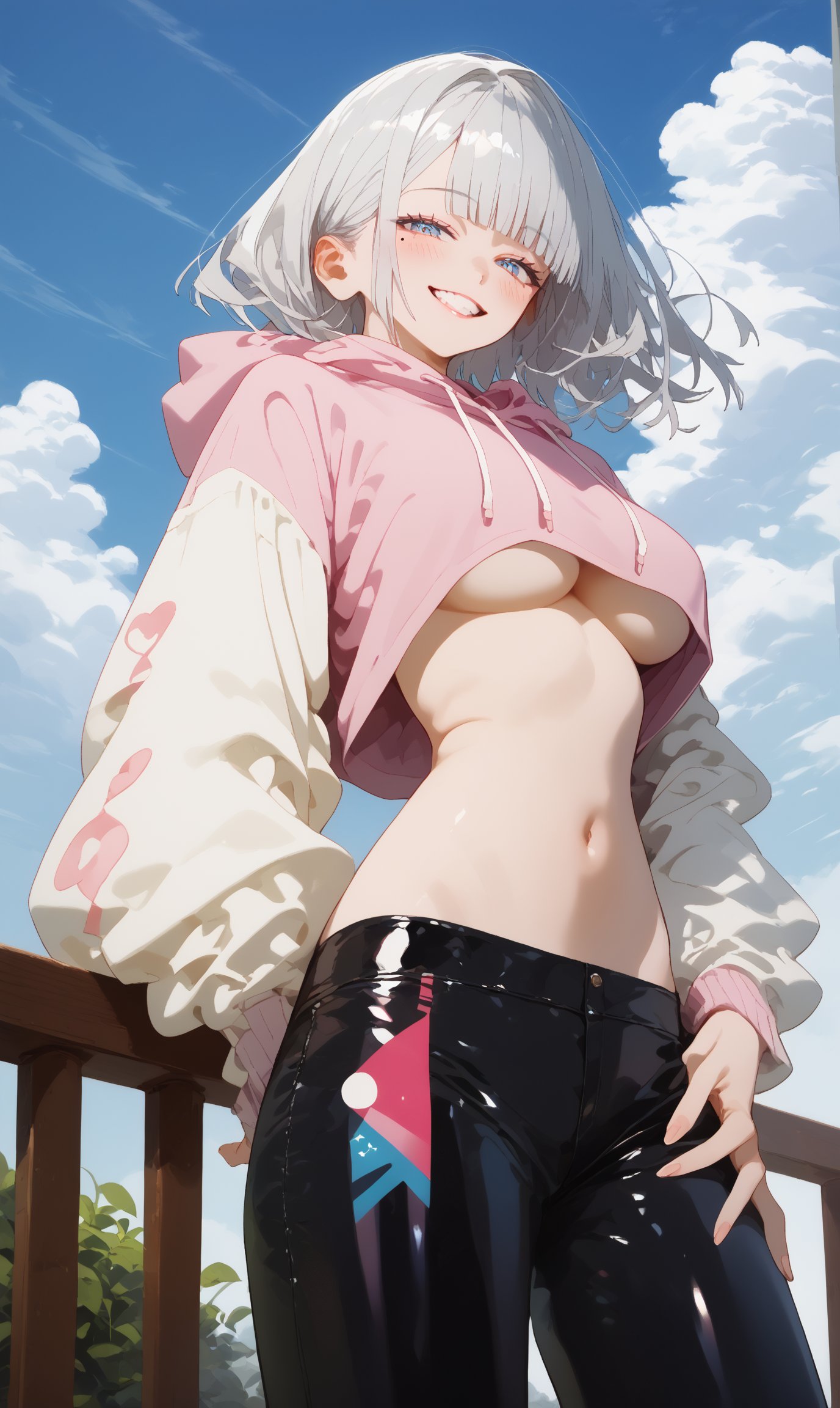 SCORE_9, SCORE_8_UP, SCORE_7_UP, SCORE_6_UP,

MASTERPIECE, BEST QUALITY, HIGH QUALITY, 
HIGHRES, ABSURDRES, PERFECT COMPOSITION,
INTRICATE DETAILS, ULTRA-DETAILED,
PERFECT FACE, PERFECT EYES,
NEWEST, AESTHETIC,

1girl, breasts, long_hair, v, underboob, smile, rating:safe, blue_eyes, solo, silver_hair, blush, bangs, sky, looking_at_viewer, grin, outdoors, large_breasts, pants, from_below, very_long_hair, day, eyebrows_visible_through_hair, long_sleeves, crop_top_overhang, blue_sky, standing, half-closed_eyes, white_shirt, no_bra, sleeves_past_wrists, cowboy_shot, crop_top, teeth, w, cloud, shirt, sidelocks, latex, black_pants, midriff, mole, grey_hair, thighs, looking_down, hand_up, alternate_costume, mole_under_eye, open_mouth, tight, arm_behind_back, medium_breasts, white_hair, railing, cloudy_sky, white_hoodie, multicolored_hair, viewed_from_below,