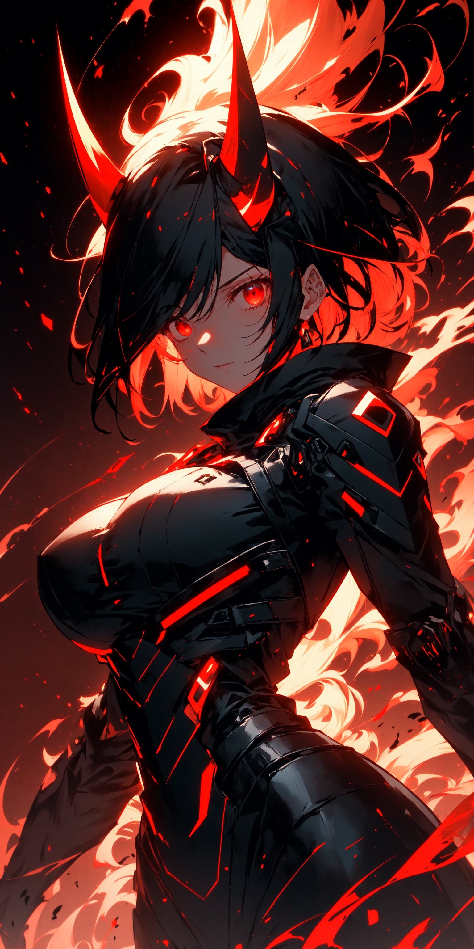 (1girls:1.4), (dark_red_background:1.4), (simple_background:1.4),

dynamic_angle, tyndall effect, volumetric lighting, looking_at_viewer, full_body, red_theme, niji, clear_lines

short-hair, black-hair, Pale_skin, big_breasts, sharp_face, multicolored_eye, devil_horn, eyeshadow, eyeliner, Eyelash, from_side, expressive eyes, perfect glowing_eyes, cyberpunk, black mecha armor, determined_face, damaged, glowing, aura, energy, beam, plugsuits, exoskeleton suit, tall

(best quality:1.4), (highres:1.4), (high_resolution:1.4), (masterpiece:1.4), sidelighting, super detail, hyper detail, intricate_details, ligne_claire, perpect face,midjourney