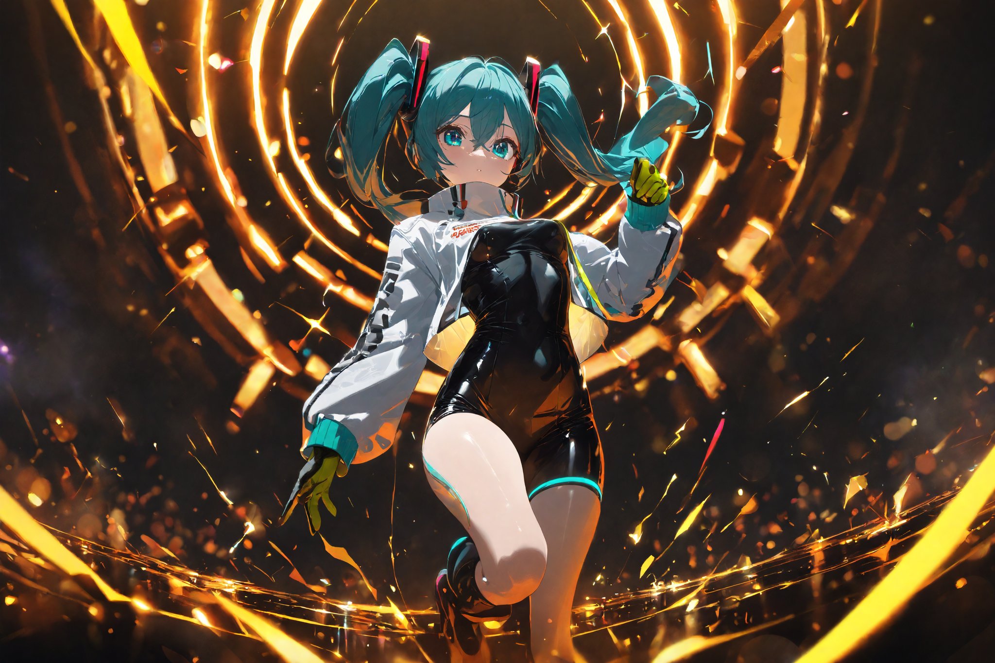 SCORE_9, SCORE_8_UP, SCORE_7_UP, SCORE_6_UP,

MASTERPIECE, BEST QUALITY, HIGH QUALITY, 
HIGHRES, ABSURDRES, PERFECT COMPOSITION,
INTRICATE DETAILS, ULTRA-DETAILED,
PERFECT FACE, PERFECT EYES,
NEWEST, 

Movie Poster page, (promotional poster), Hatsune Miku, 1female, solo, humanoid android, teal hair, teal eyes, white jacket, cropped jacket, long sleeves, two-tone gloves, black gloves, green gloves, black bodysuit, single thighhigh, single thigh boot, concert, Nippon Budokan, glowneon, glowing, sparks, lightning, shadow minimalism, (best quality), (masterpiece), detailed, beautiful detailed eyes, perfect anatomy, perfect body, perfect face, perfect hair, perfect legs, perfect hands, perfect arms, perfect fingers, detailed hair, detailed face, detailed eyes, detailed clothes, detailed skin, ultra-detailed, (full body), (upper body), (top quality), pop art, extremely detailed, extremely detailed CG, (high resolution), highly detailed, (high quality), (perfect quality), (glitchcore colors), racingmiku2022,