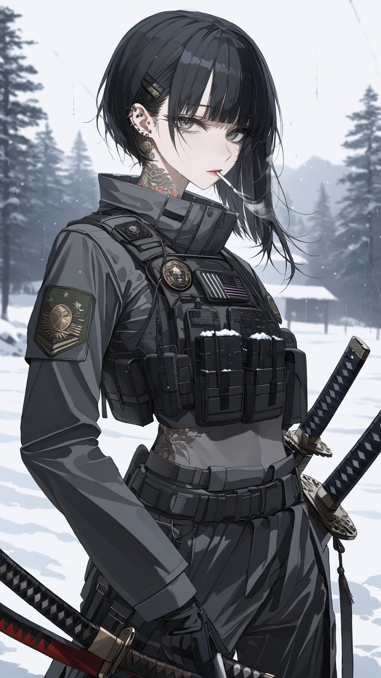 SCORE_9, SCORE_8_UP, SCORE_7_UP, SCORE_6_UP, 
MASTERPIECE, BEST QUALITY, HIGH QUALITY, 
HIGHRES, ABSURDRES,
INTRICATE DETAILS, ULTRA-DETAILED,
AESTHETIC,

weapon, 1girl, sword, earrings, black_hair, jewelry, solo, katana, sheath, looking_at_viewer, snow, sheathed, mouth_hold, outdoors, snowing, cigarette, grey_eyes, black_eyes, rain, long_hair, piercing, lips, bangs, weapon_on_back, upper_body, smoking, watermark, eyelashes, sword_behind_back, badge, short_hair, tattoo, tactical_gear, military, camouflage, close-up, straight-on,