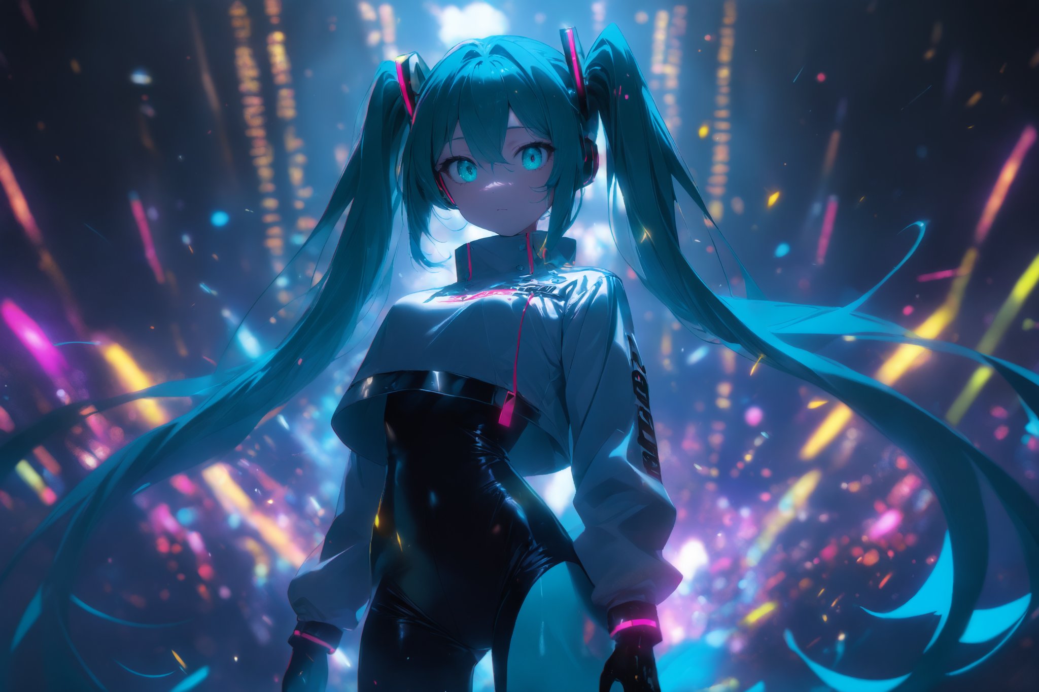 SCORE_9, SCORE_8_UP, SCORE_7_UP, SCORE_6_UP,

MASTERPIECE, BEST QUALITY, HIGH QUALITY, 
HIGHRES, ABSURDRES, PERFECT COMPOSITION,
INTRICATE DETAILS, ULTRA-DETAILED,
PERFECT FACE, PERFECT EYES,
NEWEST, 

Movie Poster page, (promotional poster), Hatsune Miku, 1female, solo, humanoid android, teal hair, teal eyes, white jacket, cropped jacket, long sleeves, two-tone gloves, black gloves, green gloves, black bodysuit, single thighhigh, single thigh boot, concert, Nippon Budokan, glowneon, glowing, sparks, lightning, shadow minimalism, (best quality), (masterpiece), detailed, beautiful detailed eyes, perfect anatomy, perfect body, perfect face, perfect hair, perfect legs, perfect hands, perfect arms, perfect fingers, detailed hair, detailed face, detailed eyes, detailed clothes, detailed skin, ultra-detailed, (full body), (upper body), (top quality), pop art, extremely detailed, extremely detailed CG, (high resolution), highly detailed, (high quality), (perfect quality), (glitchcore colors), racingmiku2022,