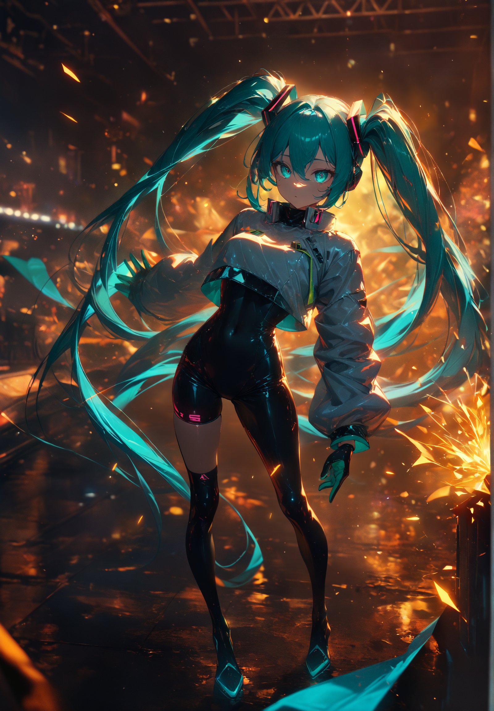 SCORE_9, SCORE_8_UP, SCORE_7_UP, SCORE_6_UP,

MASTERPIECE, BEST QUALITY, HIGH QUALITY, 
HIGHRES, ABSURDRES, PERFECT COMPOSITION,
INTRICATE DETAILS, ULTRA-DETAILED,
PERFECT FACE, PERFECT EYES,
NEWEST, 

Movie Poster page, (promotional poster), Hatsune Miku, 1female, solo, humanoid android, teal hair, teal eyes, white jacket, cropped jacket, long sleeves, two-tone gloves, black gloves, green gloves, black bodysuit, single thighhigh, single thigh boot, concert, Nippon Budokan, glowneon, glowing, sparks, lightning, shadow minimalism, (best quality), (masterpiece), detailed, beautiful detailed eyes, perfect anatomy, perfect body, perfect face, perfect hair, perfect legs, perfect hands, perfect arms, perfect fingers, detailed hair, detailed face, detailed eyes, detailed clothes, detailed skin, ultra-detailed, (full body), (upper body), (top quality), pop art, extremely detailed, extremely detailed CG, (high resolution), highly detailed, (high quality), (perfect quality), (glitchcore colors), racingmiku2022,