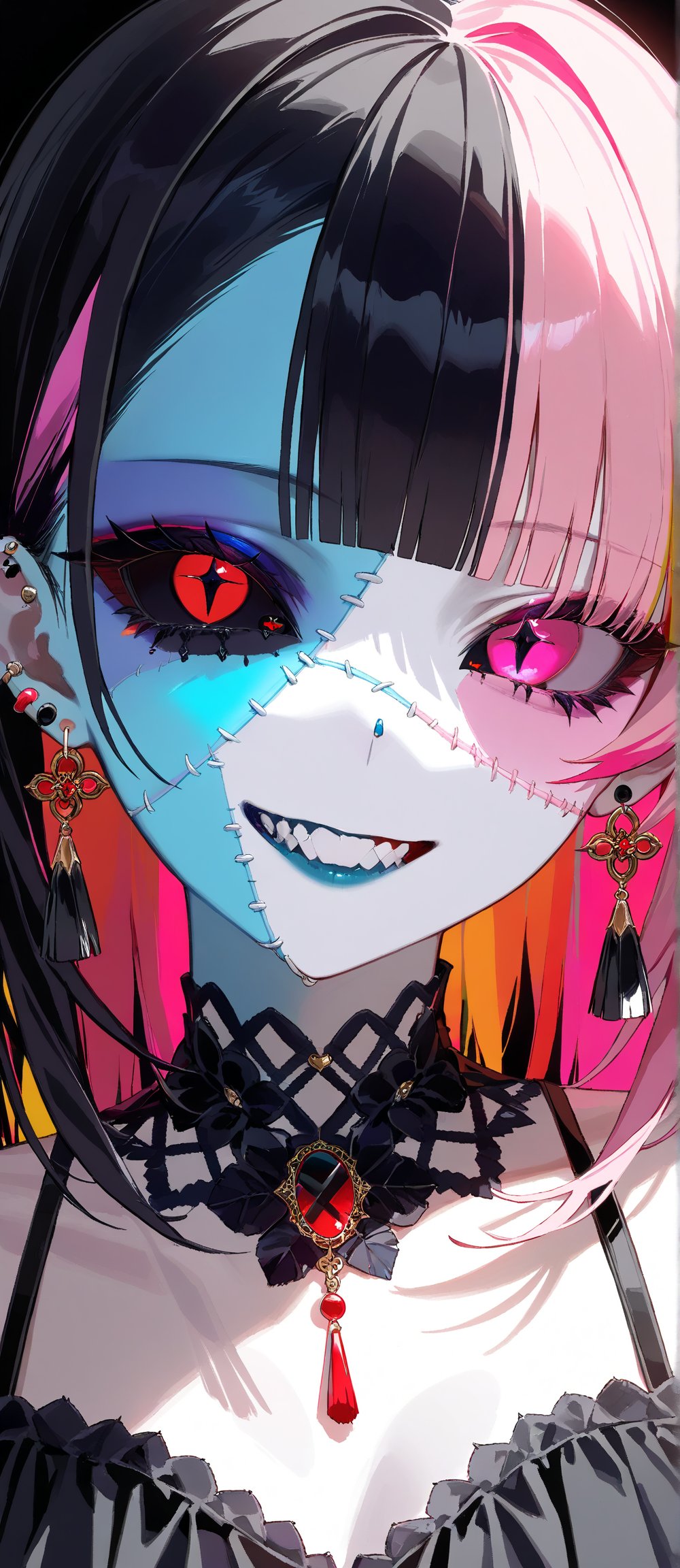 SCORE_9, SCORE_8_UP, SCORE_7_UP, SCORE_6_UP,

MASTERPIECE, BEST QUALITY, HIGH QUALITY, 
HIGHRES, ABSURDRES,
INTRICATE DETAILS, ULTRA-DETAILED,
NEWEST, AESTHETIC,

1girl, solo, looking at viewer, grin, bangs, black hair, jewelry, pink hair, multicolored hair, earrings, teeth, blunt bangs, pink eyes, head tilt, ((mulitcolored skin)), heterochromia, piercing, ear piercing, portrait, (((colored sclera, black sclera))), (((((stitchesd face))))), yellow_eyes, colorful, lip piercing, horrific,