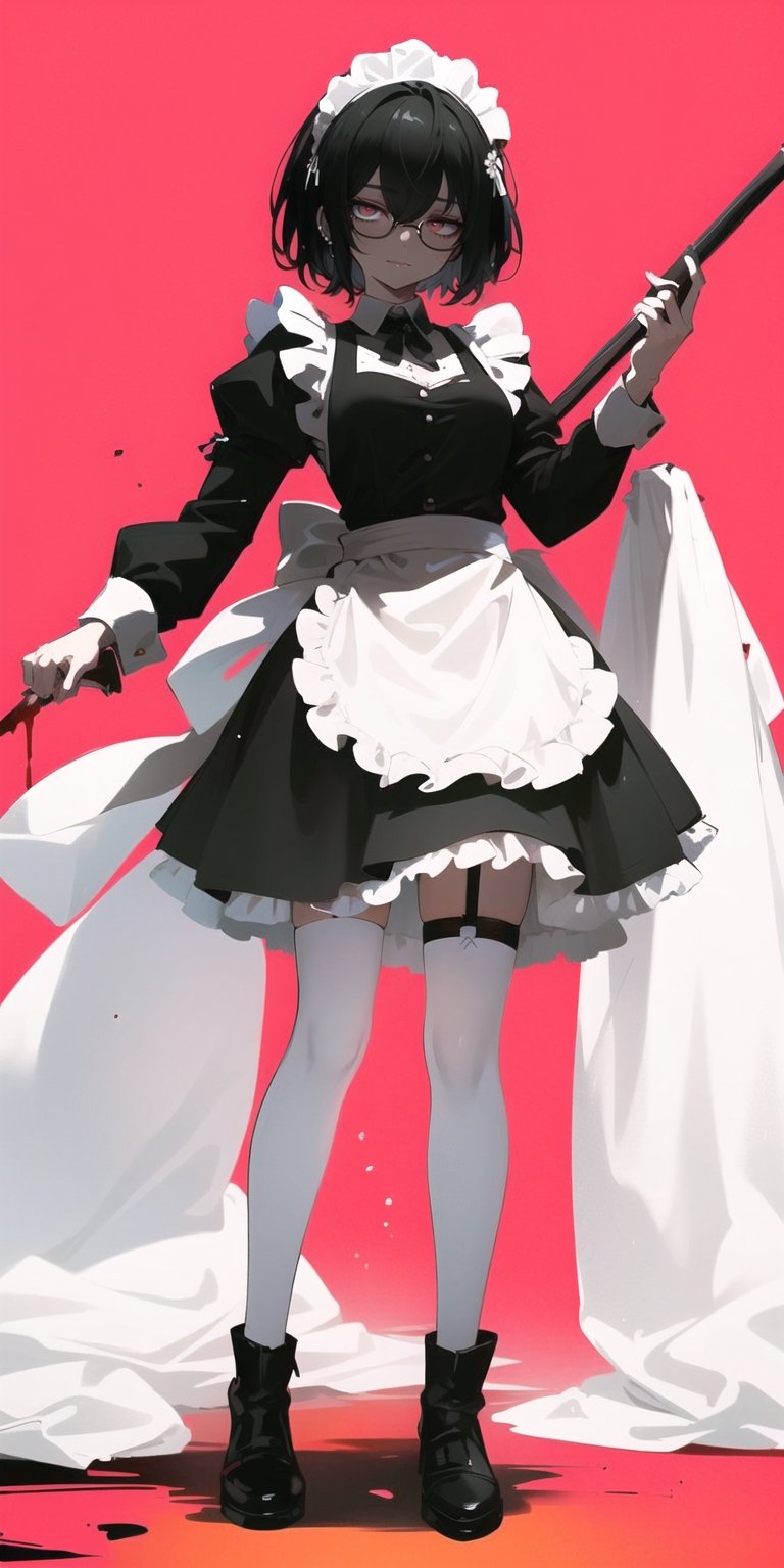 BEST QUALITY, HIGHRES, ABSURDRES, HIGH_RESOLUTION, MASTERPIECE, SUPER DETAIL, HYPER DETAIL, INTRICATE_DETAILS, PERFECTEYES, DARK EYELASHES, EYELINER, SOFT GLOWING EYES, 64K, SCORE_9,

red_background, 1girl, solo, black_hair, maid, thighhighs, maid_headdress, apron, standing, bloody_clothes, short_hair, simple_background, long_sleeves, blood, shadow, bloody_weapon, dress, weapon, holding, maid_apron, frills, black_footwear, closed_mouth, black_dress, black_legwear, full_body, dripping, blood_on_face, hair_over_one_eye, pink_background, puffy_sleeves, looking_at_viewer, shoes, bangs, alternate_costume, holding_weapon, red_theme, black_eyes, blood_splatter, frilled_dress, garter_straps, glasses, legs_apart, half-closed_eyes, expressionless, breasts, wavy_hair, mop, dark_skin, red_eyes, white_apron, glowing_eyes, jewelry, smile, boots, glowing, closed_eyes, frilled_apron, hair_between_eyes, frilled_sleeves, skirt, juliet_sleeves,