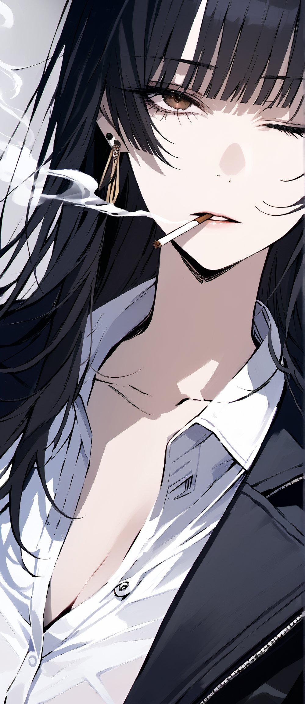 SCORE_9, SCORE_8_UP, SCORE_7_UP, SCORE_6_UP,

MASTERPIECE, BEST QUALITY, HIGH QUALITY, 
HIGHRES, ABSURDRES,
INTRICATE DETAILS, ULTRA-DETAILED,
NEWEST, AESTHETIC,

1girl, long_hair, earrings, black_hair, white_shirt, shirt, black_jacket, jewelry, cigarette, solo, jacket, smoking, mouth_hold, smoke, lips, belt, grey_background, jacket_on_shoulders, upper_body, collarbone, looking_at_viewer, pants, one_eye_closed, standing, parted_lips, brown_eyes, open_clothes, black_coat, bangs, black_eyes, breasts, cleavage, from_below,