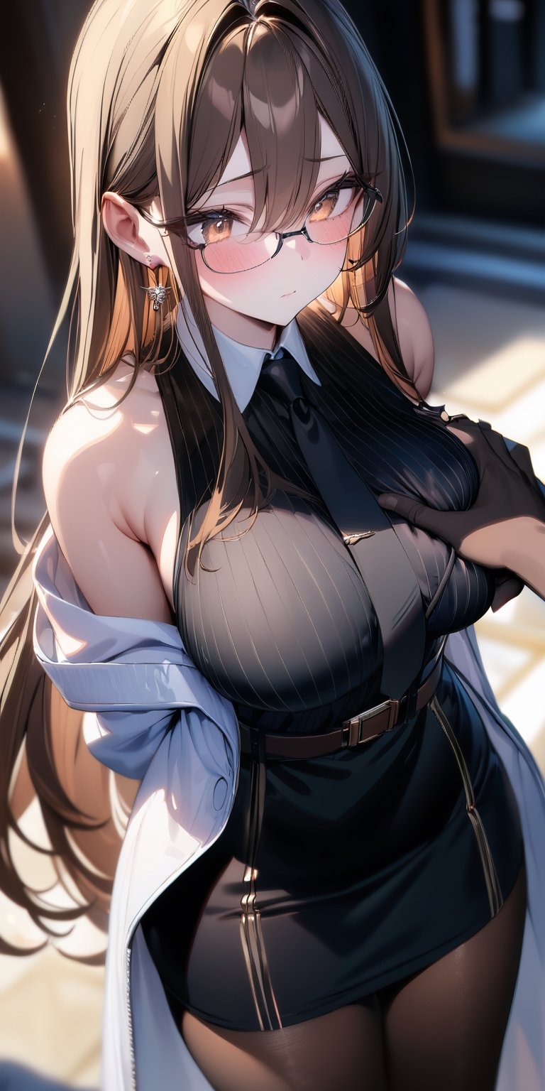 BEST QUALITY, HIGHRES, ABSURDRES, HIGH_RESOLUTION, MASTERPIECE, SUPER DETAIL, HYPER DETAIL, INTRICATE_DETAILS, PERFECTEYES, DARK EYELASHES, EYELINER, SOFT GLOWING EYES, 64K, SCORE_9

1girl, long hair, breasts, blush, bangs, light_brown_eyes, large breasts, shirt, brown hair, gloves, long sleeves, 1boy, dress, hair between eyes, bare shoulders, jewelry, very long hair, closed mouth, standing, jacket, white shirt, hetero, pantyhose, multicolored hair, earrings, open clothes, black necktie, sleeveless, collared shirt, belt, indoors, black gloves, off shoulder, black dress, blurry, two-tone hair, open jacket, coat, black pantyhose, sleeveless dress, blurry background, pov, grabbing, short dress, white jacket, (breast grab:1.4), open coat, necktie, collared dress, white coat, pov hands, rimless eyewear, guiding hand, (guided breast grab:1.4),