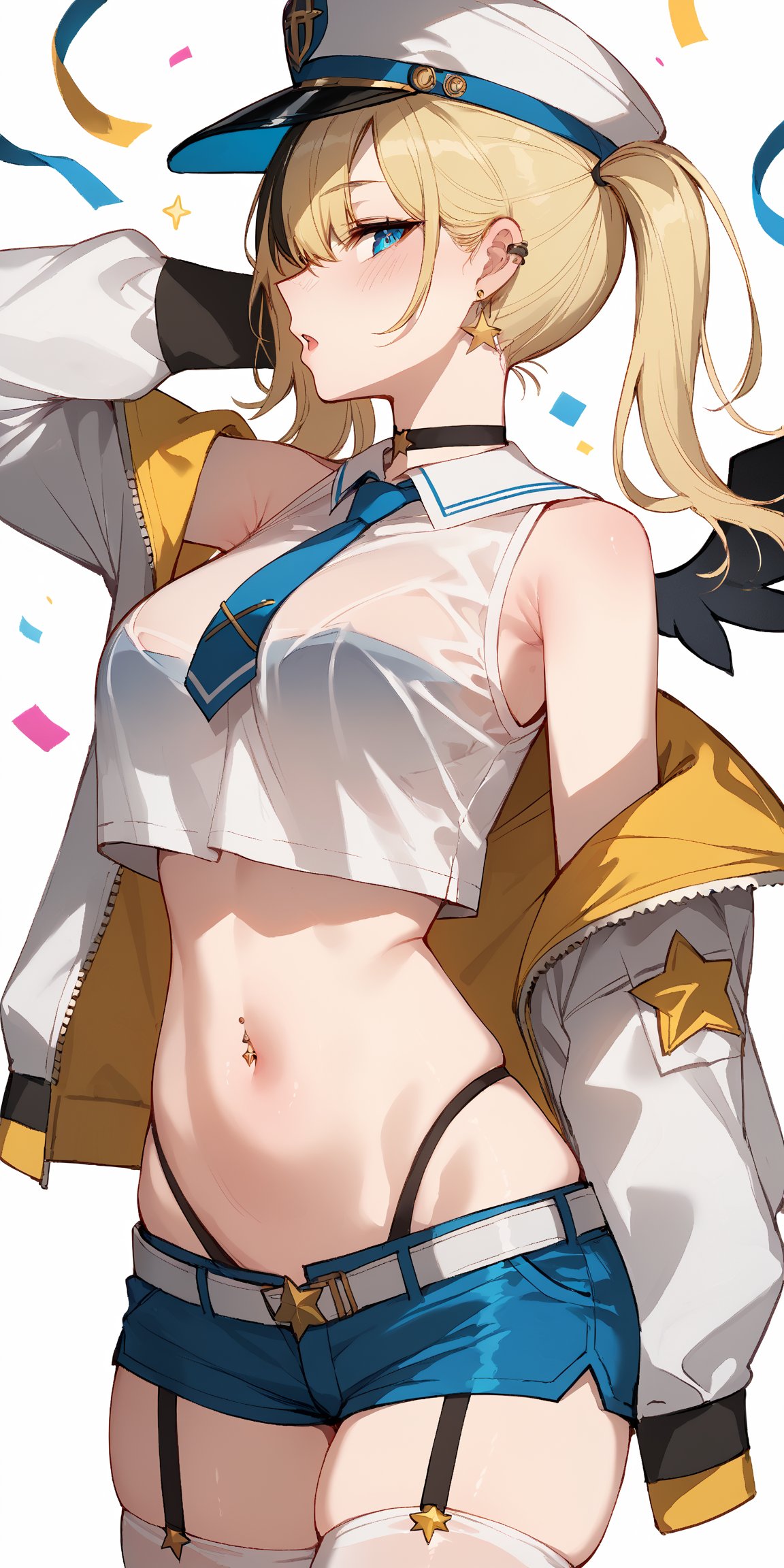 SCORE_9, SCORE_8_UP, SCORE_7_UP, SCORE_6_UP,

MASTERPIECE, BEST QUALITY, HIGH QUALITY, 
HIGHRES, ABSURDRES, PERFECT COMPOSITION,
INTRICATE DETAILS, ULTRA-DETAILED,
PERFECT FACE, PERFECT EYES,
NEWEST, 

1girl, shorts, crop_top, midriff, long_hair, blue_eyes, thighhighs, solo, navel, shirt, breasts, sleeveless, jacket, short_shorts, bare_shoulders, crop_top_overhang, sleeveless_shirt, garter_straps, cowboy_shot, stomach, white_legwear, blue_neckwear, blonde_hair, thighs, suspenders, earrings, blue_shorts, off_shoulder, white_shirt, sailor_collar, open_jacket, wings, highleg, profile, standing, necktie, long_sleeves, skindentation, looking_away, sidelocks, choker, parted_lips, clothes_writing, open_clothes, medium_breasts, jewelry, ponytail, open_mouth, looking_at_viewer, multicolored_hair, ear_piercing, hair_between_eyes, bandaid, panties, bangs, very_long_hair, hair_ornament, see-through, large_breasts, white_jacket, star_(symbol), piercing, ribbon, hat, black_shirt, belt, underwear, black_neckwear, confetti, :o, grey_legwear, micro_shorts, armpits, blush, floating_hair, streaked_hair, twintails, highleg_panties, detached_sleeves, blue_hair