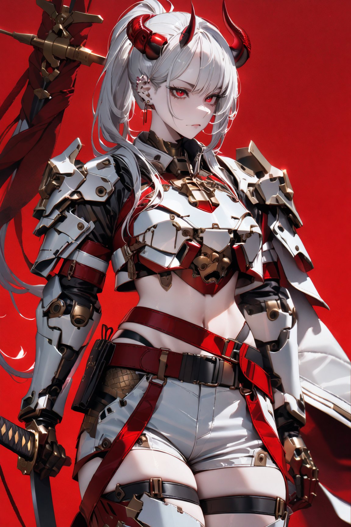 SCORE_9, SCORE_8_UP, SCORE_7_UP, SCORE_6_UP,

MASTERPIECE, BEST QUALITY, HIGH QUALITY, 
HIGHRES, ABSURDRES, PERFECT COMPOSITION,
INTRICATE DETAILS, ULTRA-DETAILED,
PERFECT FACE, PERFECT EYES,
NEWEST, 

full_body, red_background, sword, horns, weapon, 1girl, solo, sheath, ponytail, sheathed, red_eyes, katana, jewelry, earrings, white_hair, scabbard, holding_weapon, long_sleeves, simple_background, long_hair, holding_sword, standing, white_coat, ear_piercing, side_view, closed_mouth, holding, cowboy_shot, piercing, white_shorts, crop_jacket, pale_skin, belt, devil_horns, sleeves_past_wrists, mechanical_hand, large_boobs, armor, futuristic_armor, breast_plate, breast_armor