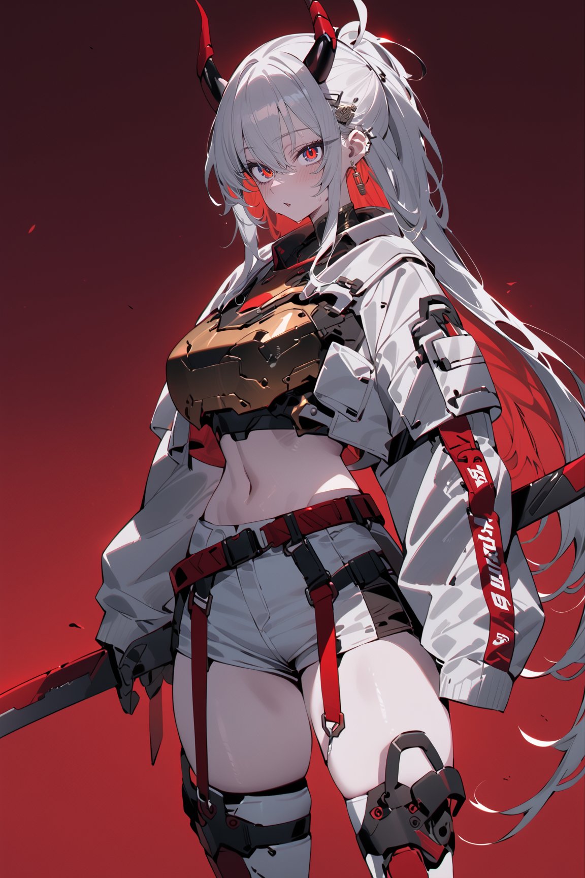 SCORE_9, SCORE_8_UP, SCORE_7_UP, SCORE_6_UP,

MASTERPIECE, BEST QUALITY, HIGH QUALITY, 
HIGHRES, ABSURDRES, PERFECT COMPOSITION,
INTRICATE DETAILS, ULTRA-DETAILED,
PERFECT FACE, PERFECT EYES,
NEWEST, 

full_body, red_background, sword, horns, weapon, 1girl, solo, sheath, ponytail, sheathed, red_eyes, katana, jewelry, earrings, white_hair, scabbard, holding_weapon, long_sleeves, simple_background, long_hair, holding_sword, standing, white_coat, ear_piercing, side_view, closed_mouth, holding, piercing, white_shorts, crop_jacket, pale_skin, belt, devil_horns, sleeves_past_wrists, mechanical_hand, large_boobs, armor, futuristic_armor, breast_plate, breast_armor, TechStreetwear, cyberpunk