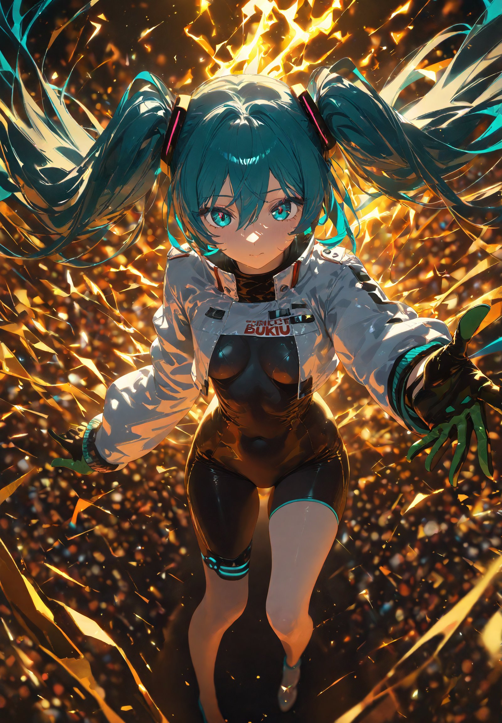 SCORE_9, SCORE_8_UP, SCORE_7_UP, SCORE_6_UP,

MASTERPIECE, BEST QUALITY, HIGH QUALITY, 
HIGHRES, ABSURDRES, PERFECT COMPOSITION,
INTRICATE DETAILS, ULTRA-DETAILED,
PERFECT FACE, PERFECT EYES,
NEWEST, 

Movie Poster page, (promotional poster), Hatsune Miku, 1female, solo, humanoid android, teal hair, teal eyes, white jacket, cropped jacket, long sleeves, two-tone gloves, black gloves, green gloves, black bodysuit, single thighhigh, single thigh boot, concert, Nippon Budokan, glowneon, glowing, sparks, lightning, shadow minimalism, (best quality), (masterpiece), detailed, beautiful detailed eyes, perfect anatomy, perfect body, perfect face, perfect hair, perfect legs, perfect hands, perfect arms, perfect fingers, detailed hair, detailed face, detailed eyes, detailed clothes, detailed skin, ultra-detailed, (full body), (upper body), (top quality), pop art, extremely detailed, extremely detailed CG, (high resolution), highly detailed, (high quality), (perfect quality), (glitchcore colors), racingmiku2022,