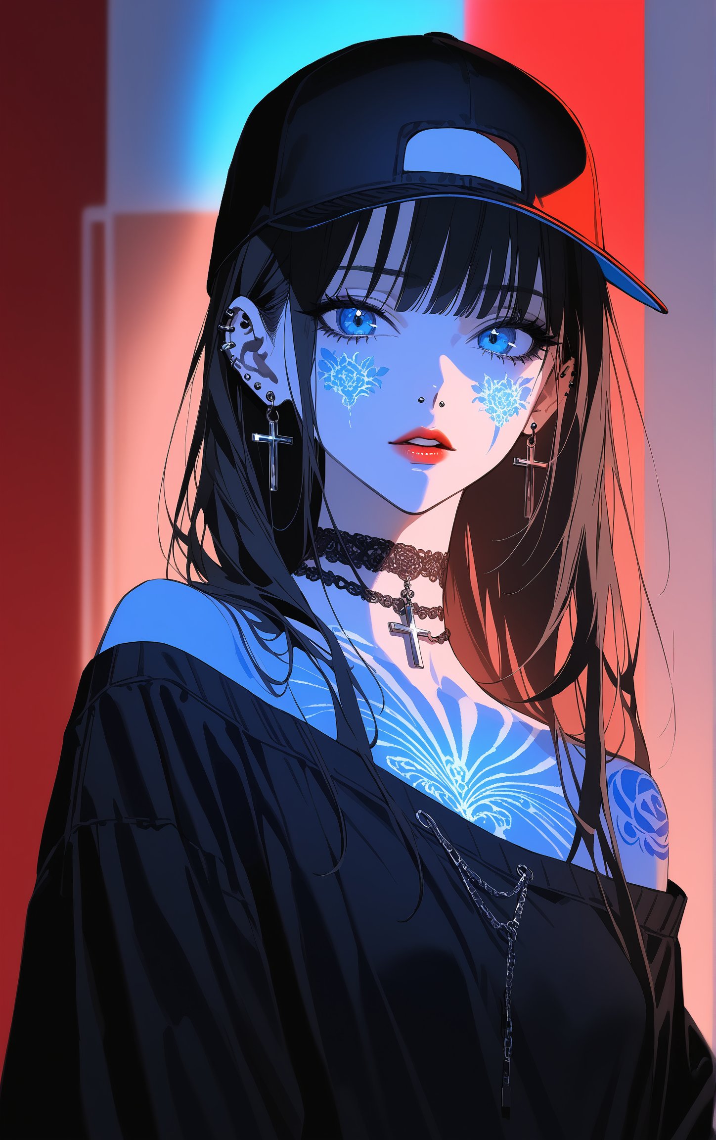 SCORE_9, SCORE_8_UP, SCORE_7_UP, SCORE_6_UP, 
MASTERPIECE, BEST QUALITY, HIGH QUALITY, 
HIGHRES, ABSURDRES,
INTRICATE DETAILS, ULTRA-DETAILED,
AESTHETIC,

tattoo, 1girl, red_background, hat, solo, long_hair, baseball_cap, choker, jewelry, earrings, shoulder_tattoo, facial_tattoo, upper_body, arm_tattoo, black_hair, black_choker, cross, looking_at_viewer, sleeves_past_wrists, off_shoulder, lips, nose_piercing, lipstick, parted_lips, ring, simple_background, long_sleeves, bodypaint, nail_polish, nose, back_tattoo, backwards_hat, cross_earrings, stud_earrings, ear_piercing, 

limited_palette, dramatic lighting, cinematic lighting, (((blue light))), (((blue illuminations))), 
contemporary, dark, low-key,