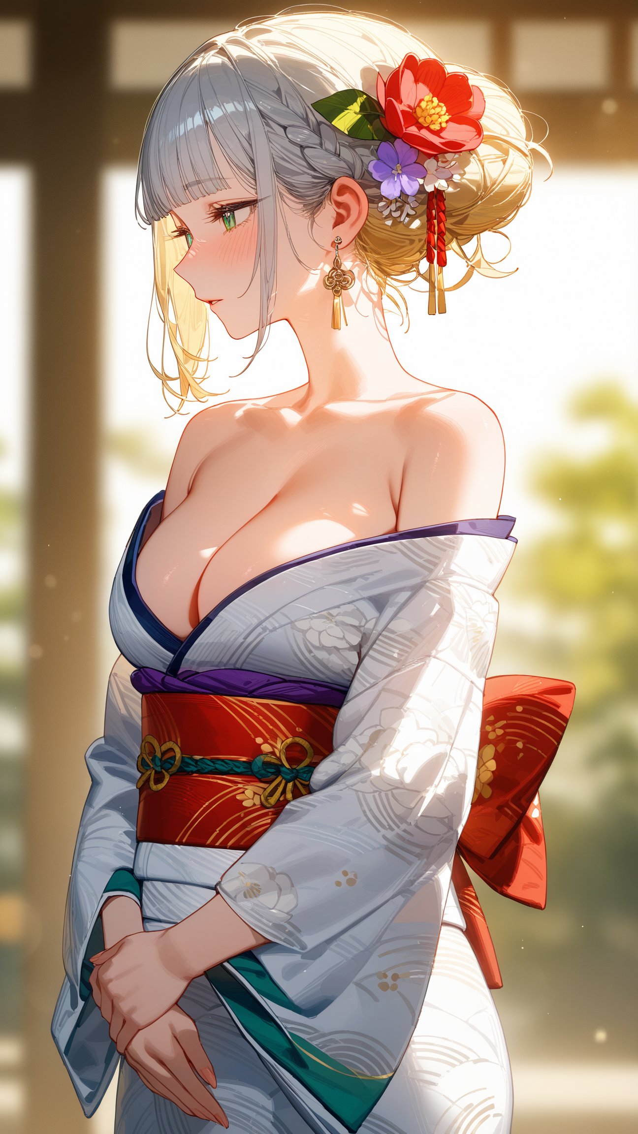 SCORE_9, SCORE_8_UP, SCORE_7_UP, SCORE_6_UP,

MASTERPIECE, BEST QUALITY, HIGH QUALITY, 
HIGHRES, ABSURDRES, PERFECT COMPOSITION,
INTRICATE DETAILS, ULTRA-DETAILED,
PERFECT FACE, PERFECT EYES,
NEWEST, 

1girl, kimono, breasts, solo, japanese_clothes, hair_ornament, blurry_background, bare_shoulders, blurry, bangs, jewelry, hair_bun, cleavage, blue_eyes, blush, outdoors, crossed_arms, floral_print, eyebrows_visible_through_hair, off_shoulder, flower, blonde_hair, earrings, parted_lips, blunt_bangs, indoors, half-closed_eyes, hair_flower, large_breasts, obi, profile, collarbone, short_hair, sidelocks, depth_of_field, medium_breasts, closed_mouth, braid, standing, hair_up, white_kimono, wide_sleeves, green_eyes, from_side, backlighting, sash, looking_away, alternate_costume, silver_hair