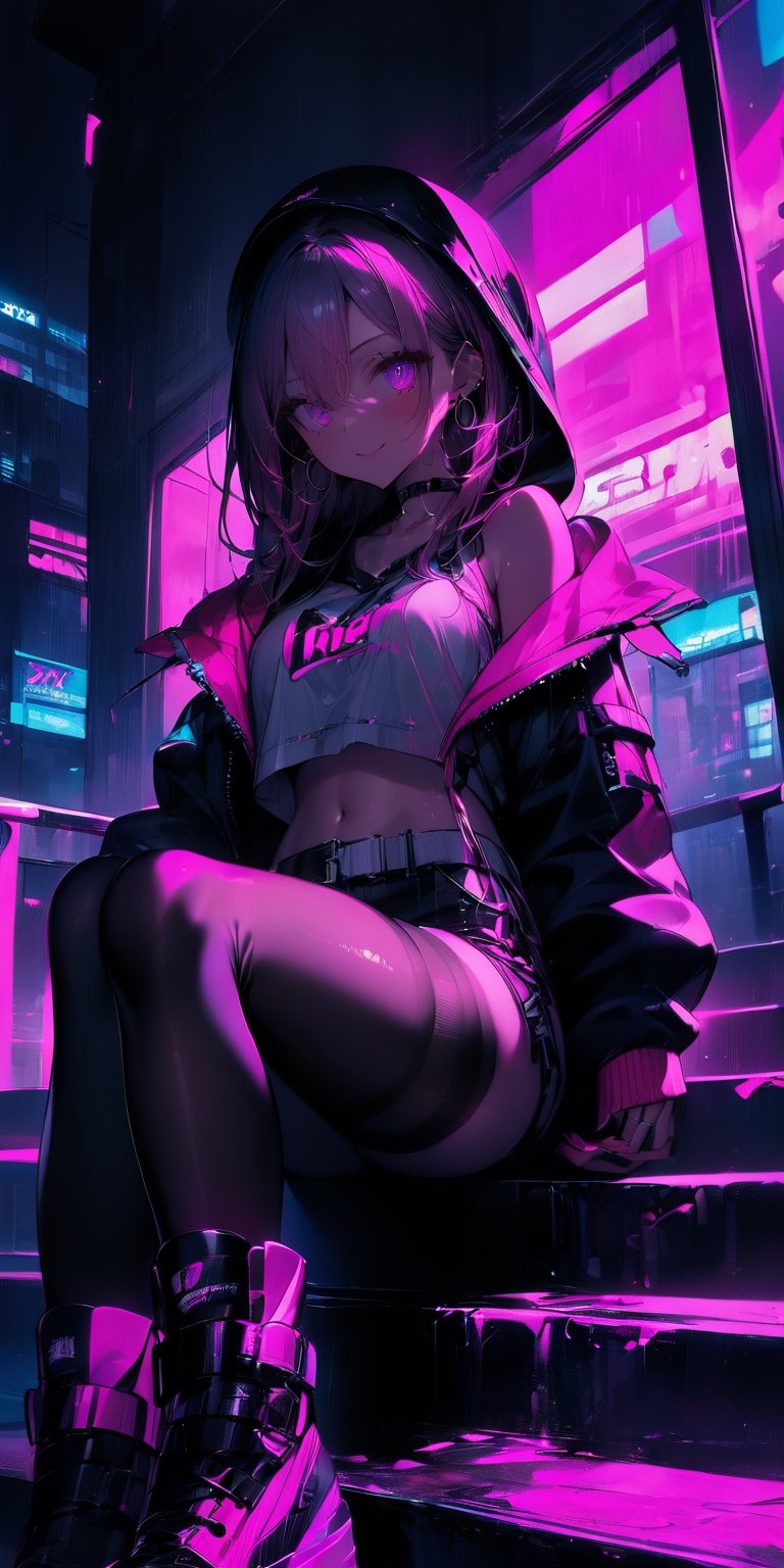 BEST QUALITY, HIGHRES, ABSURDRES, HIGH_RESOLUTION, MASTERPIECE, SUPER DETAIL, HYPER DETAIL, INTRICATE_DETAILS, PERFECTEYES, DARK EYELASHES, EYELINER, SOFT GLOWING EYES, 64K, SCORE_9,

1girl, long_hair, jacket, pink_hair, midriff, crop_top, solo, looking_at_viewer, shoes, building, sitting, belt, weapon, black_shirt, shorts, hood, smile, nail_polish, long_sleeves, boots, black_shorts, choker, full_body, holding, bare_shoulders, jewelry, backlighting, sneakers, shirt, navel, pantyhose, breasts, pink_footwear, black_legwear, pink_jacket, off_shoulder, outdoors, skyscraper, open_jacket, hair_between_eyes, pink_eyes, from_below, open_clothes, night, pants, closed_mouth, stairs, pink_nails, sword, multicolored_hair, earrings, bangs, neon_lights, virtual_youtuber, lace-up_boots, city, window, black_pants, hat, medium_breasts, black_footwear, holding_weapon, collarbone, hood_up, sleeveless_shirt, indoors, railing, stomach, sleeveless, white_jacket, short_shorts, black_jacket, thighhighs, blush, cityscape, chain, cross-laced_footwear, long_legs, blurry, eyebrows_visible_through_hair, crossed_legs, black_skirt, skirt, ground_vehicle, puffy_sleeves, crop_top_overhang, sidelocks, high_heels, day, leaning_back, sleeves_past_wrists, rain, mole, black_choker, large_breasts, bag, hoop_earrings, shadow, white_belt, purple_eyes, ring, depth_of_field, darker, text on legwear, glow_in_the_dark, glow