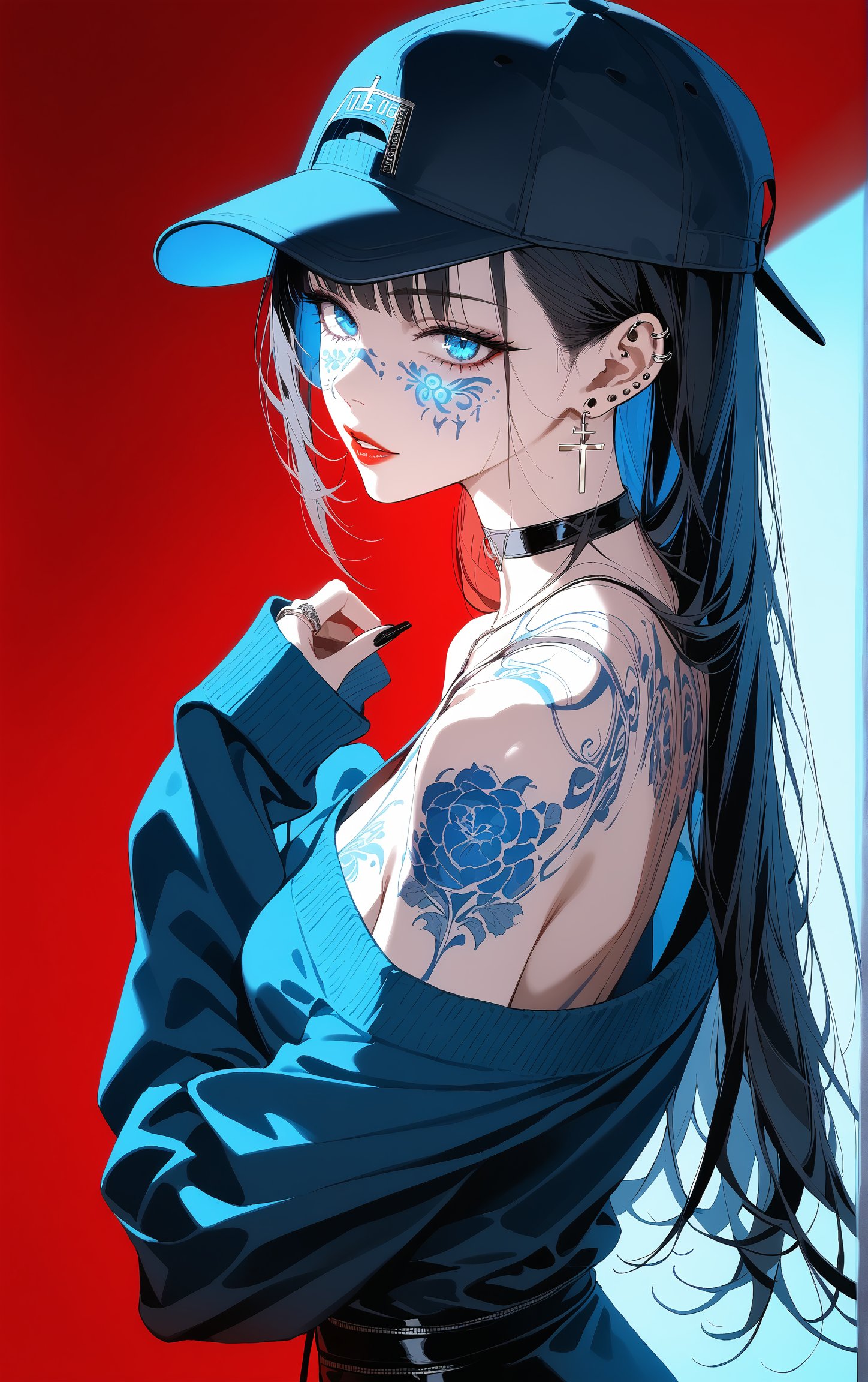 SCORE_9, SCORE_8_UP, SCORE_7_UP, SCORE_6_UP, 
MASTERPIECE, BEST QUALITY, HIGH QUALITY, 
HIGHRES, ABSURDRES,
INTRICATE DETAILS, ULTRA-DETAILED,
AESTHETIC,

tattoo, 1girl, red_background, hat, solo, long_hair, baseball_cap, choker, jewelry, earrings, shoulder_tattoo, facial_tattoo, upper_body, arm_tattoo, black_hair, black_choker, cross, looking_at_viewer, sleeves_past_wrists, off_shoulder, lips, nose_piercing, lipstick, parted_lips, ring, simple_background, long_sleeves, bodypaint, nail_polish, nose, back_tattoo, backwards_hat, cross_earrings, stud_earrings, ear_piercing, 

limited_palette, dramatic lighting, cinematic lighting, (((blue light))), (((blue illuminations))), 
contemporary, dark, low-key,