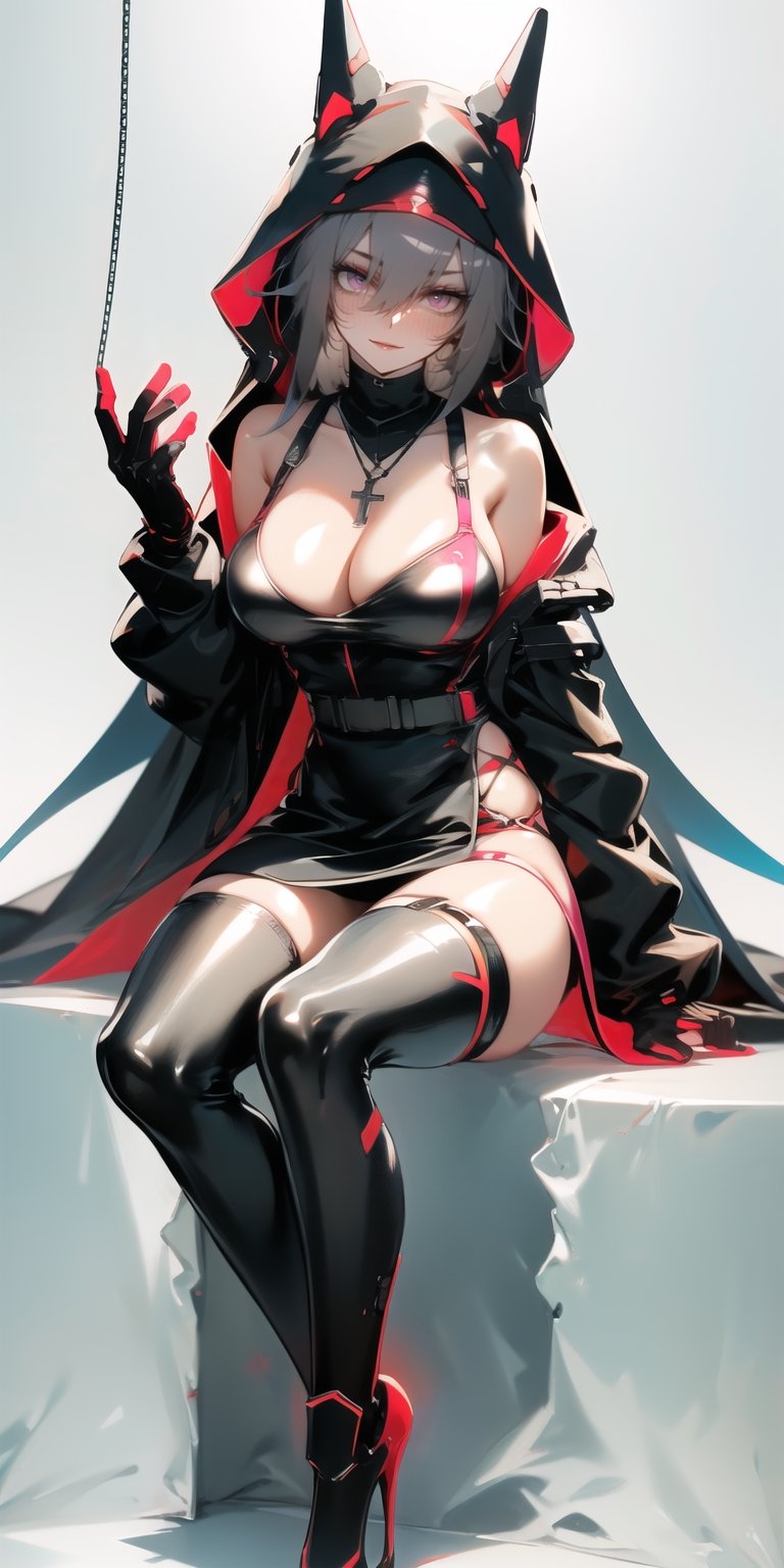 BEST QUALITY, HIGHRES, ABSURDRES, HIGH_RESOLUTION, MASTERPIECE, SUPER DETAIL, HYPER DETAIL, INTRICATE_DETAILS, PERFECTEYES, DARK EYELASHES, EYELINER, SOFT GLOWING EYES, 64K, SCORE_9,

1girl, nun, long_hair, black_hair, habit, breasts, high_heels, thighhighs, sitting, large_breasts, looking_at_viewer, bare_shoulders, black_footwear, pink_hair, smile, detached_sleeves, dress, solo, pink_eyes, black_legwear, cleavage, sleeves_past_wrists, blush, very_long_hair, piercing, long_sleeves, black_dress, closed_mouth, bangs, multicolored_hair, cross, jewelry, full_body, brown_legwear, shoes, garter_straps, purple_eyes, swimsuit, eyebrows_visible_through_hair, fishnets, blue_hair, hair_between_eyes, between_legs, grey_hair, red_eyes, hood, bikini, necklace, sleeves_past_fingers, sleeveless, sketch, pelvic_curtain, see-through, dark theme, backlighting, cinematic, volumetric light,marumoru_style, cyborg, armored boots, breastplate, full armor, gauntlets, gloves, headgear, helmet, mask, cape, cloak, coat, torn clothes, pelvic curtain, scarf, mechanical_legs, augmented_leg