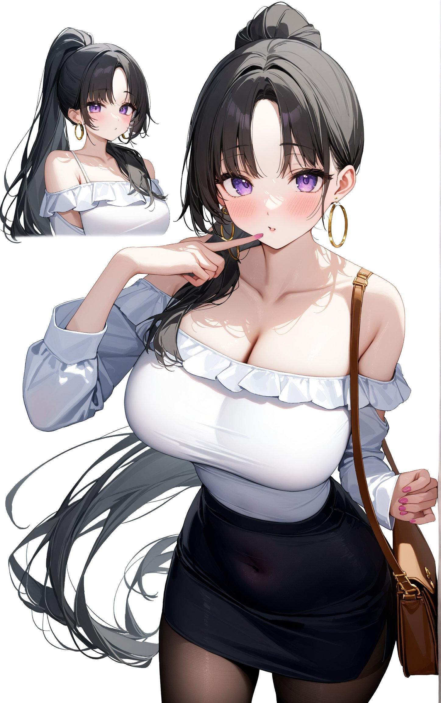 SCORE_9, SCORE_8_UP, SCORE_7_UP, SCORE_6_UP,

MASTERPIECE, BEST QUALITY, HIGH QUALITY, 
HIGHRES, ABSURDRES, PERFECT COMPOSITION,
INTRICATE DETAILS, ULTRA-DETAILED,
PERFECT FACE, PERFECT EYES,
NEWEST, AESTHETIC,

(simple_background, white_background), 

1girl, skirt, breasts, long_hair, bag, pencil_skirt, large_breasts, purple_eyes, earrings, solo, black_skirt, blush, pantyhose, looking_at_viewer, black_hair, handbag, jewelry, bare_shoulders, bangs, black_legwear, parted_bangs, contemporary, very_long_hair, long_sleeves, shirt, off_shoulder, collarbone, ponytail, hair_over_shoulder, alternate_costume, miniskirt, casual, finger_to_mouth, covered_navel, pale_skin, shoulder_cutout, hoop_earrings,