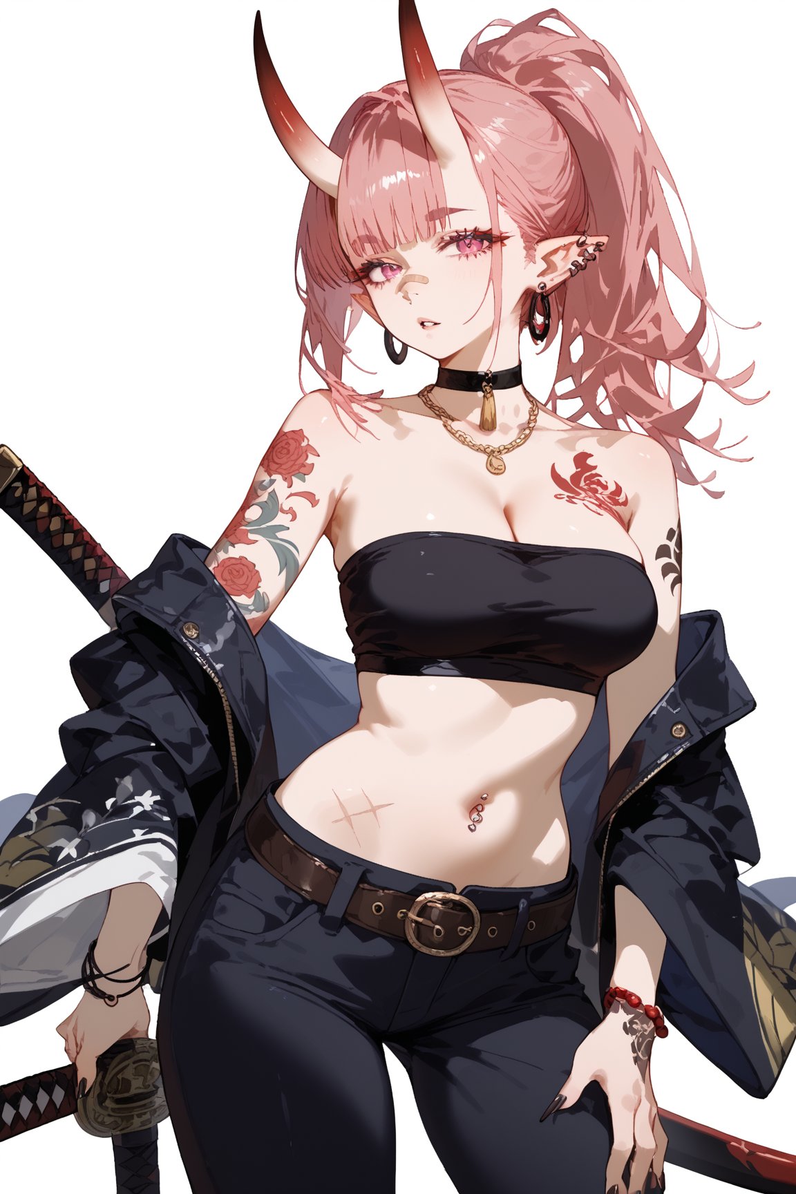 SCORE_9, SCORE_8_UP, SCORE_7_UP, SCORE_6_UP,

MASTERPIECE, BEST QUALITY, HIGH QUALITY, 
HIGHRES, ABSURDRES, PERFECT COMPOSITION,
INTRICATE DETAILS, ULTRA-DETAILED,
PERFECT FACE, PERFECT EYES,
NEWEST, AESTHETIC,

1girl, weapon, horns, tattoo, rating:safe, sword, navel, solo, pink_background, pointy_ears, oni, looking_at_viewer, jewelry, katana, breasts, sheath, white_hair, long_hair, oni_horns, midriff, shoulder_tattoo, bare_shoulders, facial_mark, sarashi, holding_weapon, earrings, belt, bandaid, stomach, jacket, nail_polish, ponytail, holding, cleavage, clothes_writing, simple_background, piercing, medium_breasts, necklace, bracelet, purple_eyes, fingernails, collarbone, weapon_over_shoulder, red_eyes, sheathed, open_clothes, parted_lips, black_nails, nose, pants, tubetop, off_shoulder, upper_body, ear_piercing, japanese_clothes, scabbard, arm_tattoo, multicolored_hair, hand_on_hip, full_body_tattoo, large_breasts, standing, cowboy_shot, choker, bodypaint, facial_tattoo, red_background, holding_sword, bangs, sharp_fingernails, crop_top, bandages, bandeau, over_shoulder, scar, pink_eyes, red_hair, strapless, sidelocks, beads, long_fingernails, single_bare_shoulder, wide_sleeves, floral_print, tassel, body_writing, stomach_tattoo, open_jacket, big_hips,