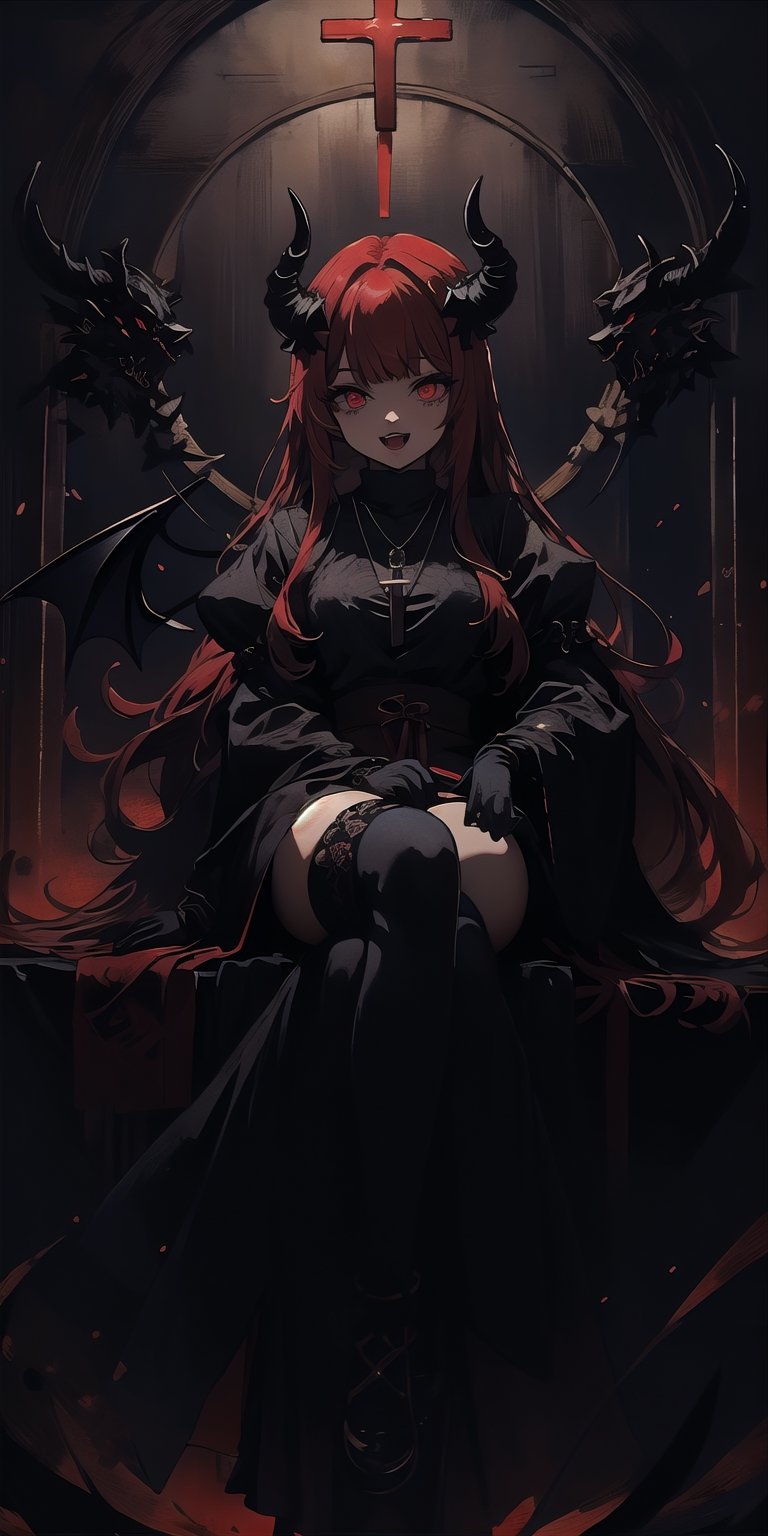 BEST QUALITY, HIGHRES, ABSURDRES, HIGH_RESOLUTION, MASTERPIECE, SUPER DETAIL, HYPER DETAIL, INTRICATE_DETAILS, PERFECTEYES, DARK EYELASHES, EYELINER, SOFT GLOWING EYES, 64K,

1girl, solo, long hair, looking at viewer, smile, open mouth, bangs, red eyes, thighhighs, gloves, long sleeves, jewelry, sitting, red hair, multicolored hair, horns, teeth, black gloves, puffy sleeves, black thighhighs, indoors, blunt bangs, necklace, glowing, fangs, demon girl, crossed legs, cross, demon horns, glowing eyes, nun, habit, cross necklace, stained glass, church, expressionless