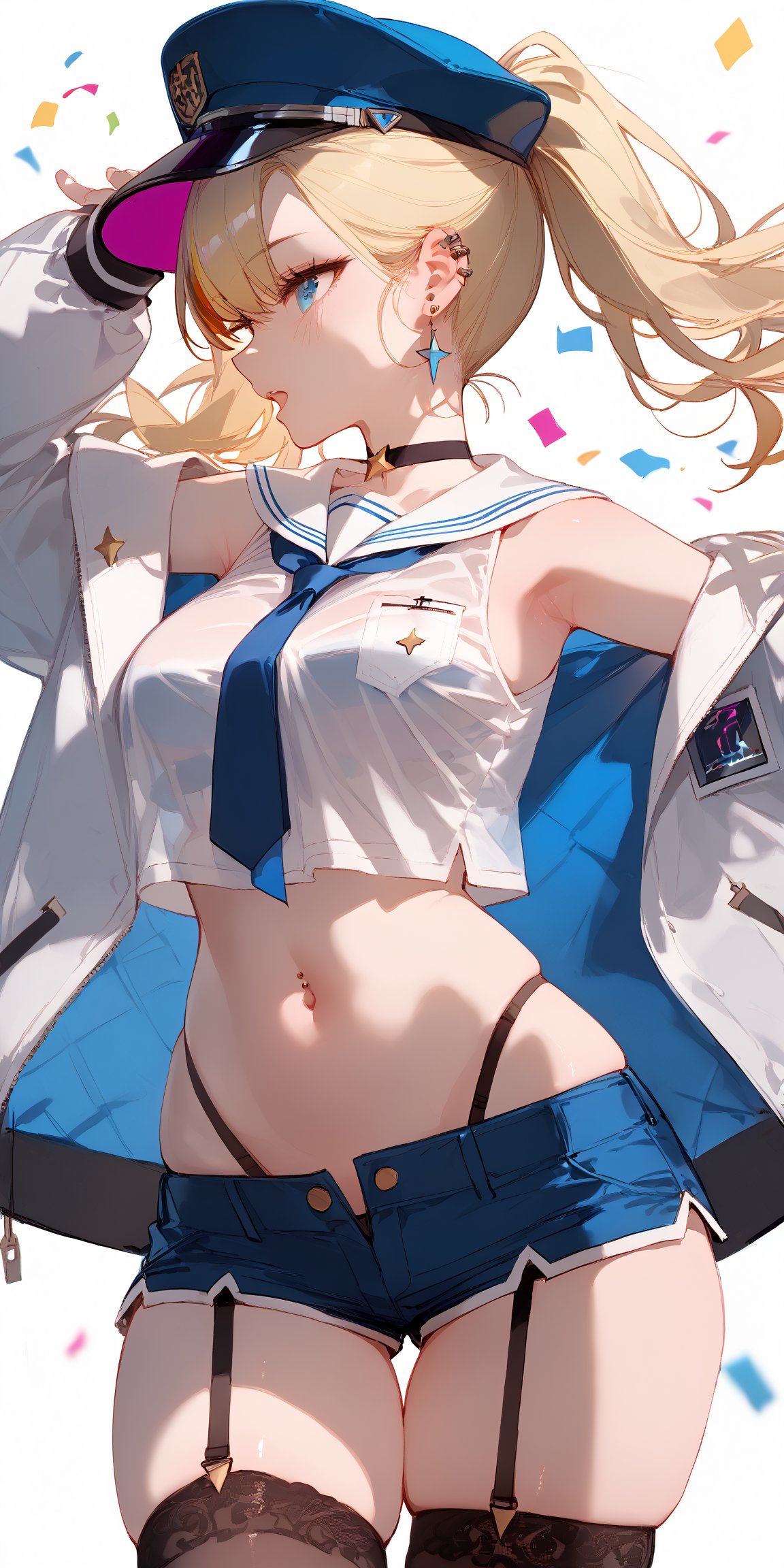 SCORE_9, SCORE_8_UP, SCORE_7_UP, SCORE_6_UP,

MASTERPIECE, BEST QUALITY, HIGH QUALITY, 
HIGHRES, ABSURDRES, PERFECT COMPOSITION,
INTRICATE DETAILS, ULTRA-DETAILED,
PERFECT FACE, PERFECT EYES,
NEWEST, 

1girl, shorts, crop_top, midriff, long_hair, blue_eyes, thighhighs, solo, navel, shirt, breasts, sleeveless, jacket, short_shorts, bare_shoulders, crop_top_overhang, sleeveless_shirt, garter_straps, cowboy_shot, stomach, white_legwear, blue_neckwear, blonde_hair, thighs, suspenders, earrings, blue_shorts, off_shoulder, white_shirt, sailor_collar, open_jacket, wings, highleg, profile, standing, necktie, long_sleeves, skindentation, looking_away, sidelocks, choker, parted_lips, clothes_writing, open_clothes, medium_breasts, jewelry, ponytail, open_mouth, looking_at_viewer, multicolored_hair, ear_piercing, hair_between_eyes, bandaid, panties, bangs, very_long_hair, hair_ornament, see-through, large_breasts, white_jacket, star_(symbol), piercing, ribbon, hat, black_shirt, belt, underwear, black_neckwear, confetti, :o, grey_legwear, micro_shorts, armpits, blush, floating_hair, streaked_hair, twintails, highleg_panties, detached_sleeves, blue_hair